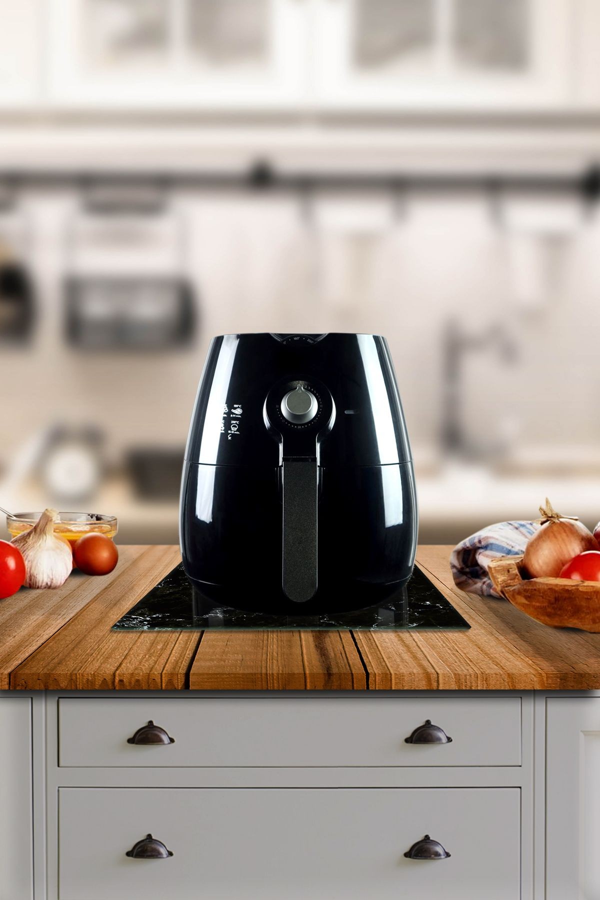 Cam Airfryer Altlığı | Airfryer Altı Isıya Dayanıklı Cam Stand | Siyah Mermer | 30cm x 40cm