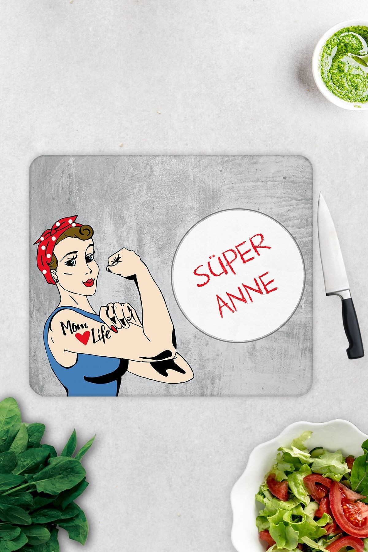 Süper Anne | Gri Temalı | Cam Kesme Tahtası | 29cm x 34cm