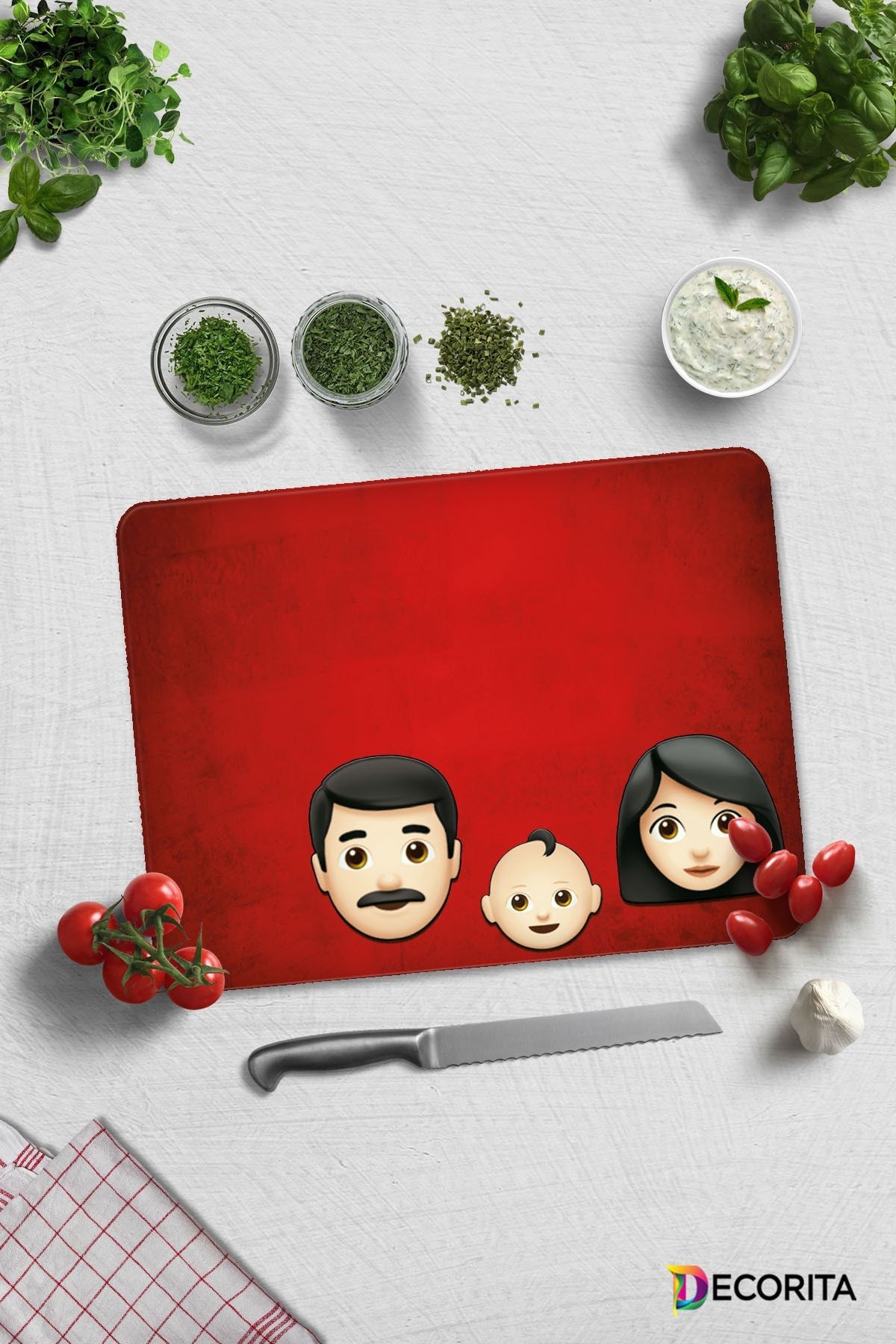 Emoji Ailesi Anne & Baba & Çocuk | Cam Kesme Tahtası - Cam Kesme Tablası | 30cm X 40cm