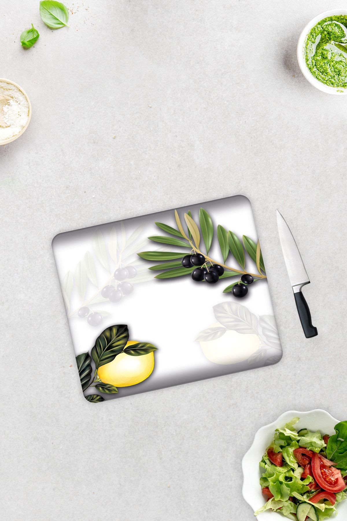 Zeytin Ve Limon Desen | Cam Kesme Tahtası - Cam Kesme Tablası | 29cm X 34cm
