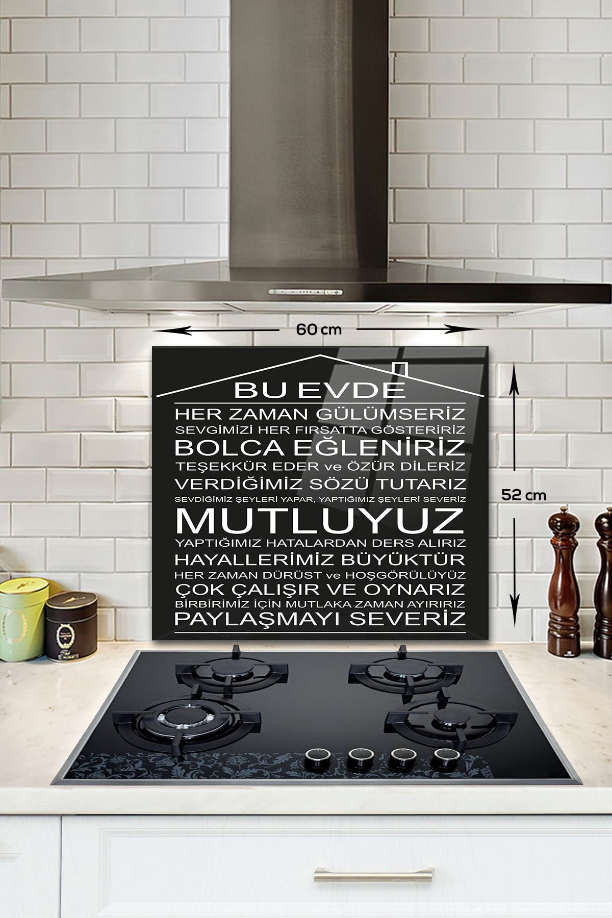 Cam Ocak Arkası Koruyucu | Bu Ev - Siyah Fon | 52cm X 60cm