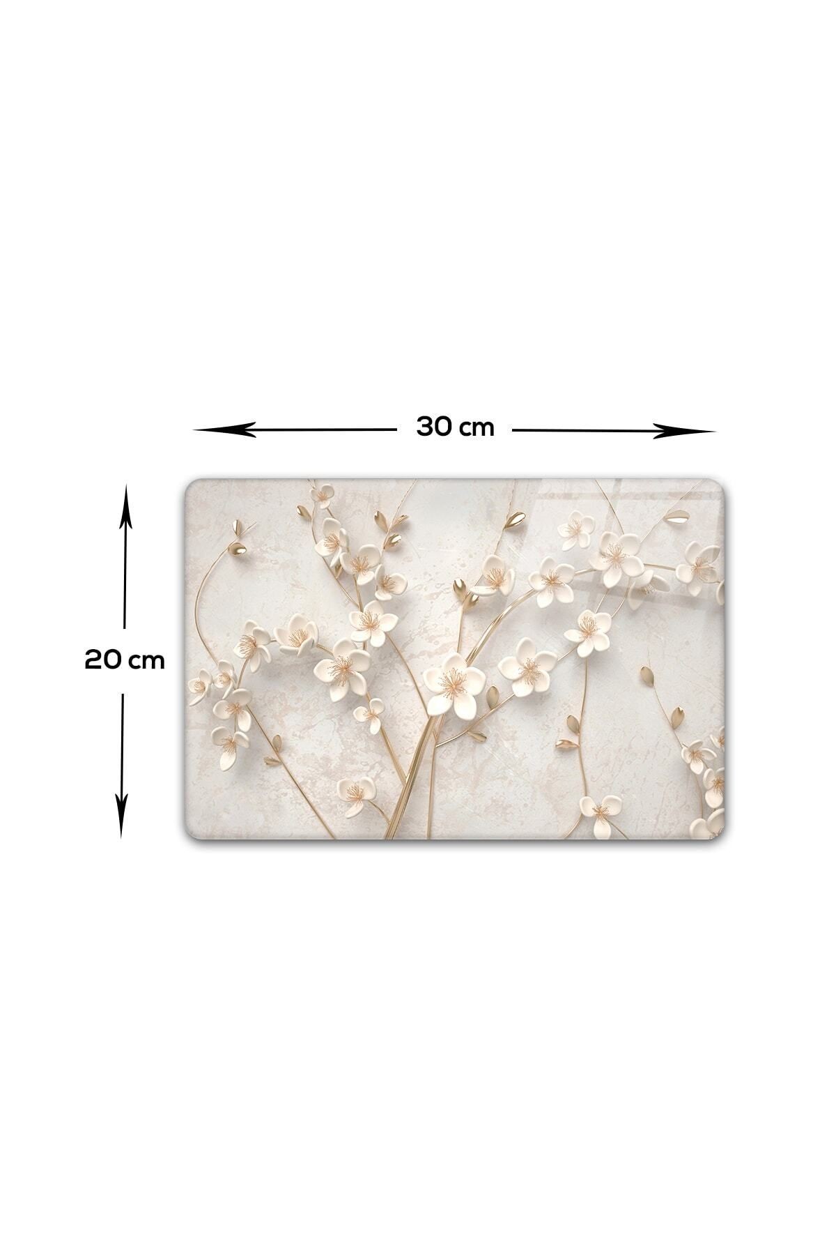 Cam Kesme Tahtası - Cam Kesme Tablası | Beyaz Çiçek - Gold | 20cm X 30cm
