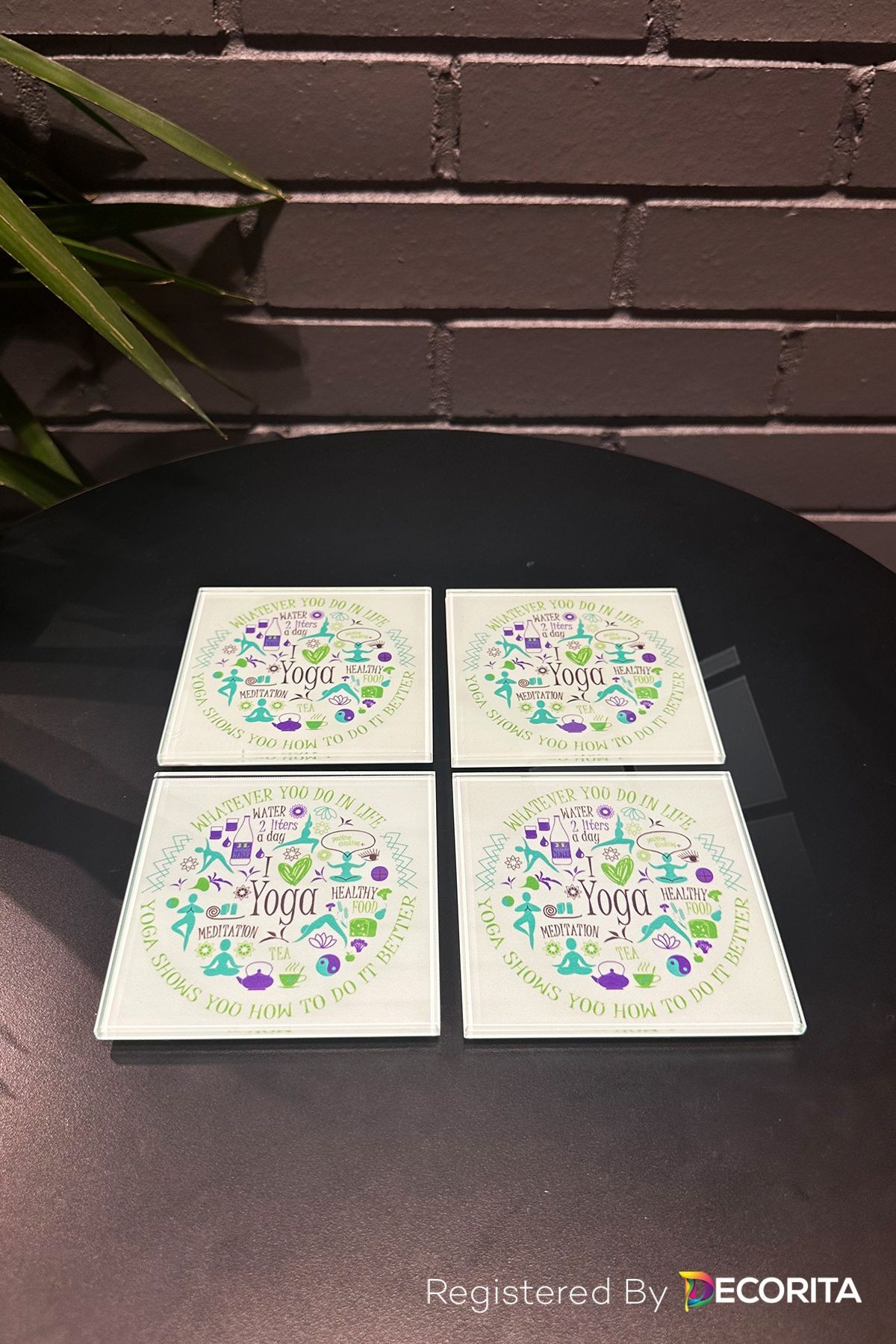 Cam Bardak Altlığı | I Love Yoga | 4'lü Takım | 10cm X 10cm