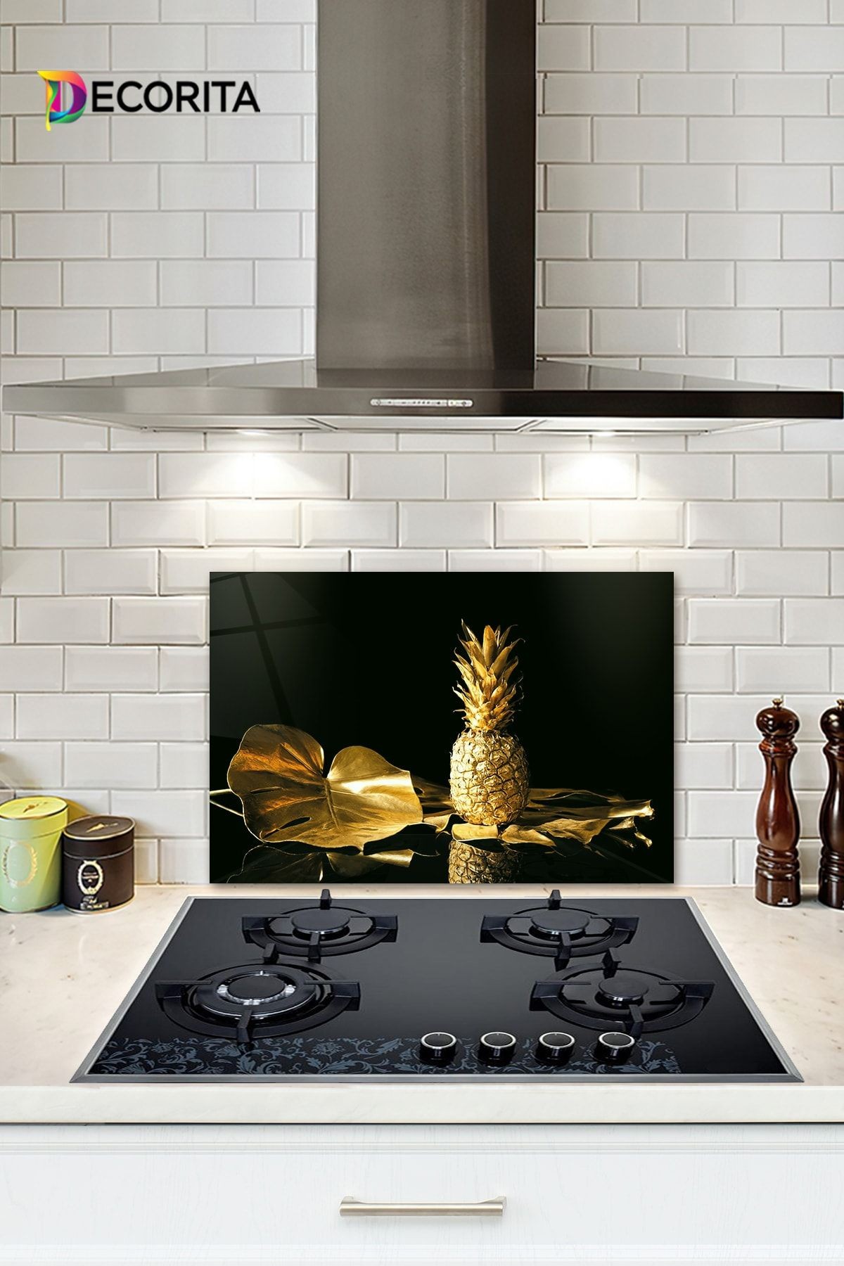 Cam Ocak Arkası Koruyucu | Altın Ananas | 40cm X 60cm