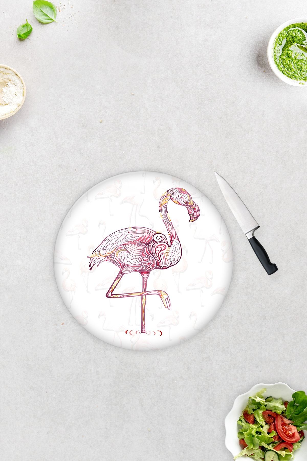 Flamingo Desen | Cam Kesme Tahtası - Cam Kesme Tablası | Daire Çap 32cm