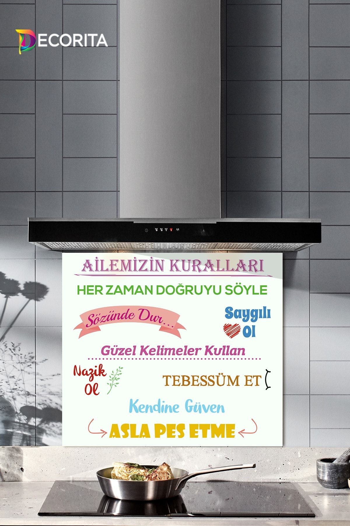 Cam Ocak Arkası Koruyucu | Beyaz Fon - Aile Kuralları | 52cm X 60cm
