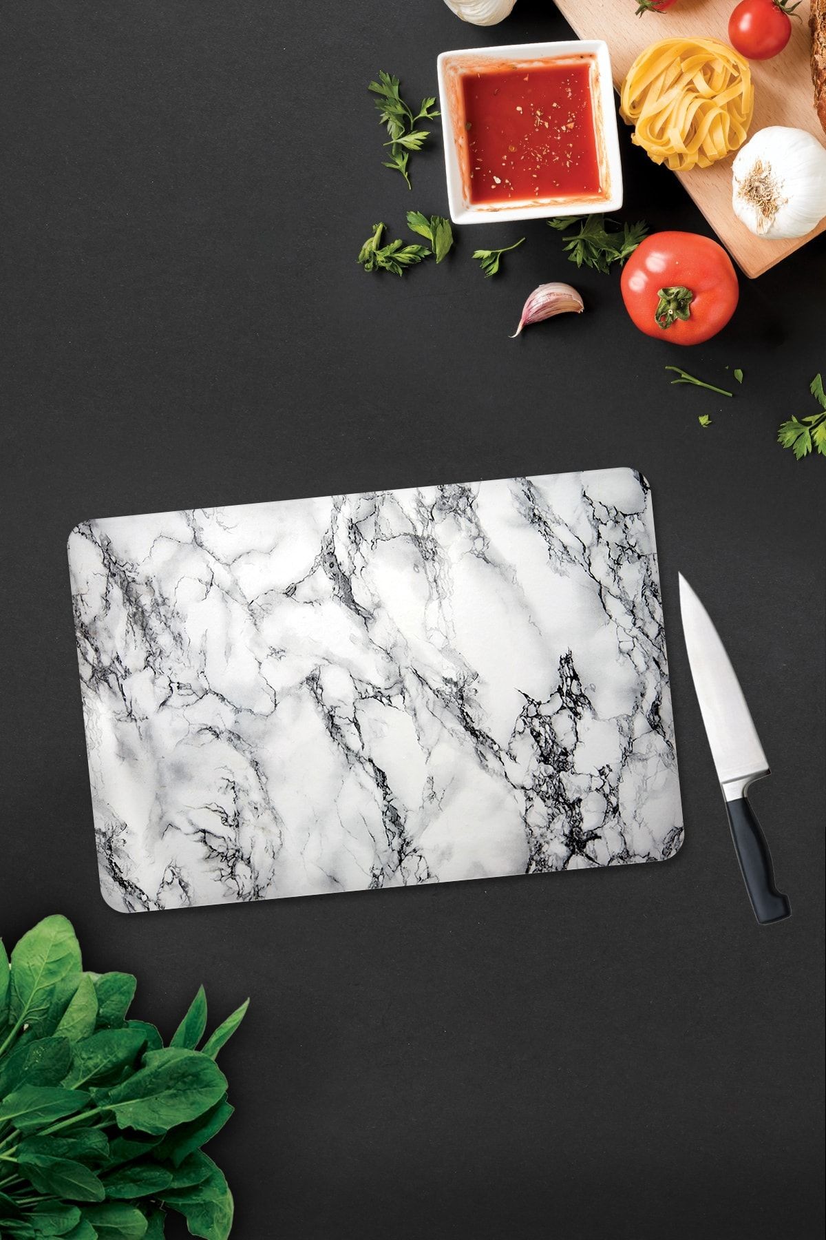 Cam Kesme Tahtası Cam Kesim Tablası Beyaz Mermer Görünümlü 30cm x 40cm