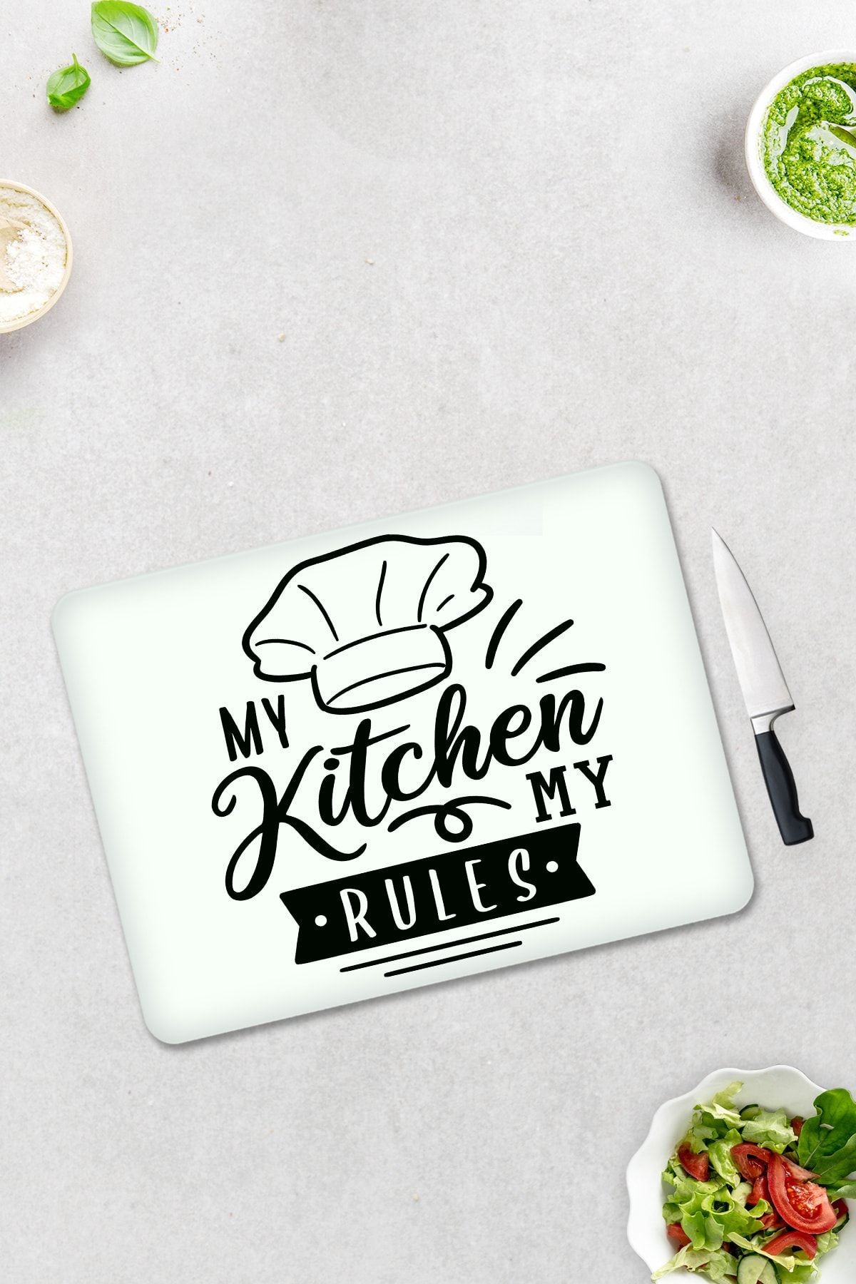Beyaz Fon My Kitchen My Rules | Cam Kesme Tahtası - Cam Kesme Tablası | 30cm x 40cm