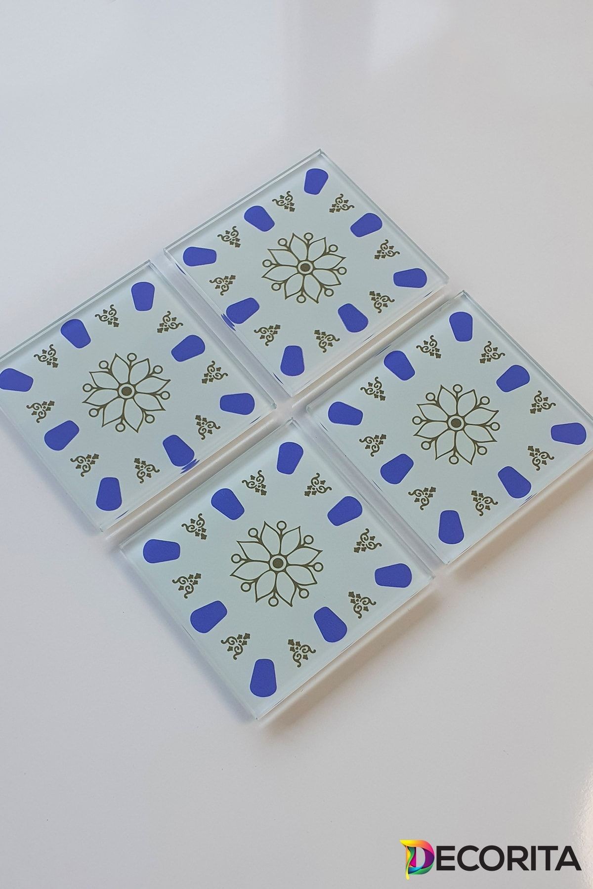 Cam Bardak Altlığı | Acem Kahveci - Mavi | 4'lü Takım | 10cm X 10cm