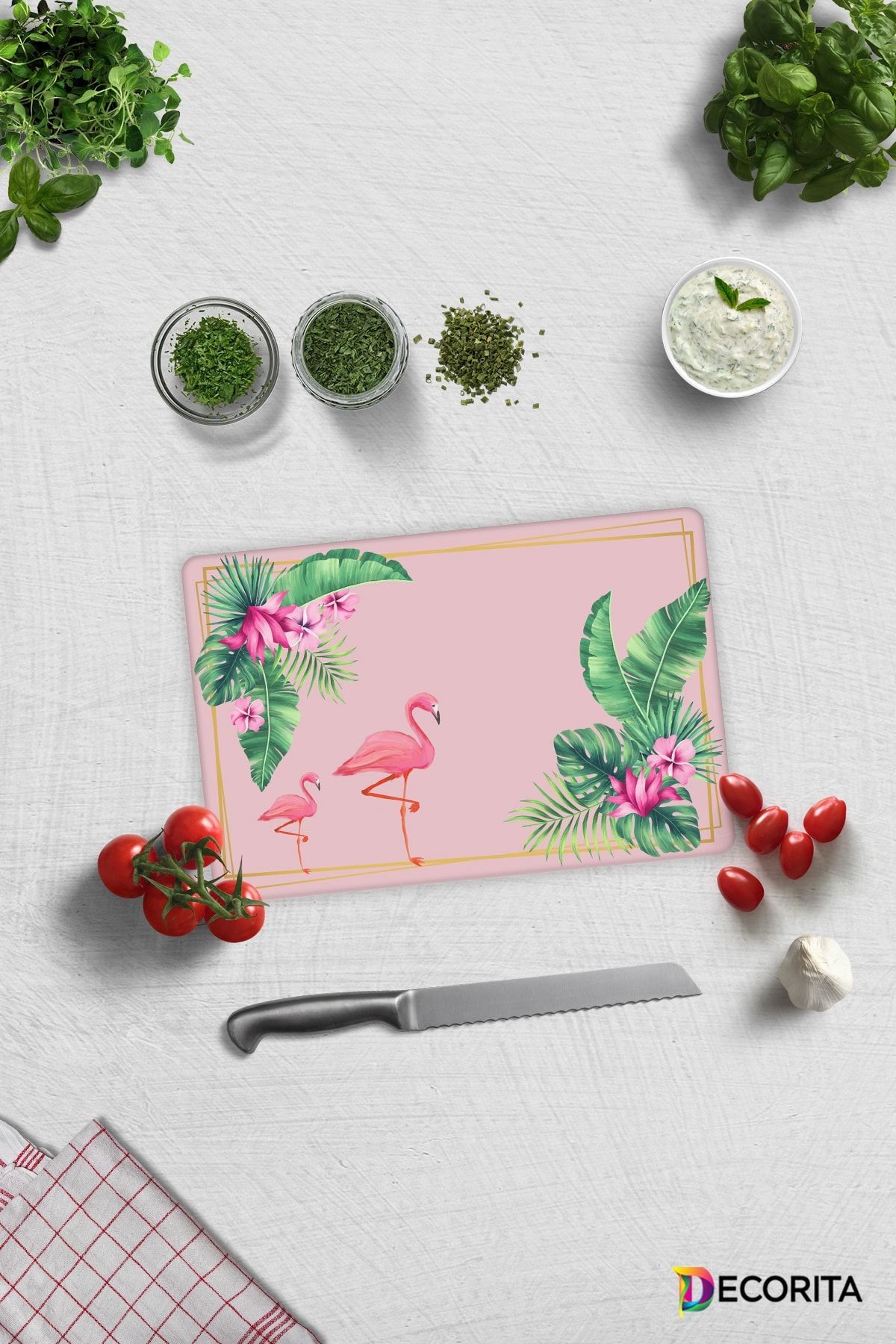 Tropik Yapraklar & Flamingo | Cam Kesme Tahtası - Cam Kesme Tablası | 20cm X 30cm