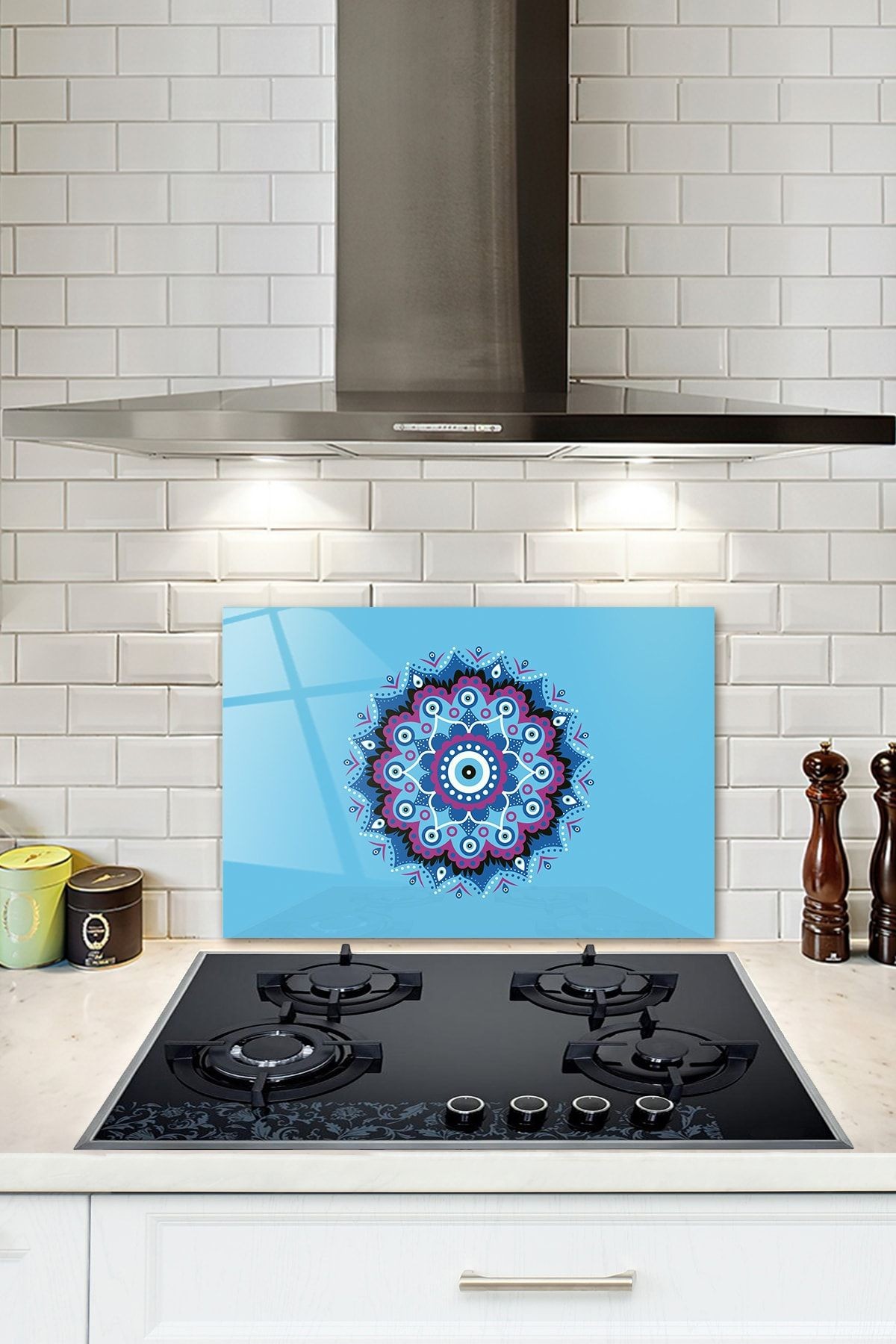 Cam Ocak Arkası Koruyucu | Turkuaz Nazar Boncuğu | 40cm X 60cm