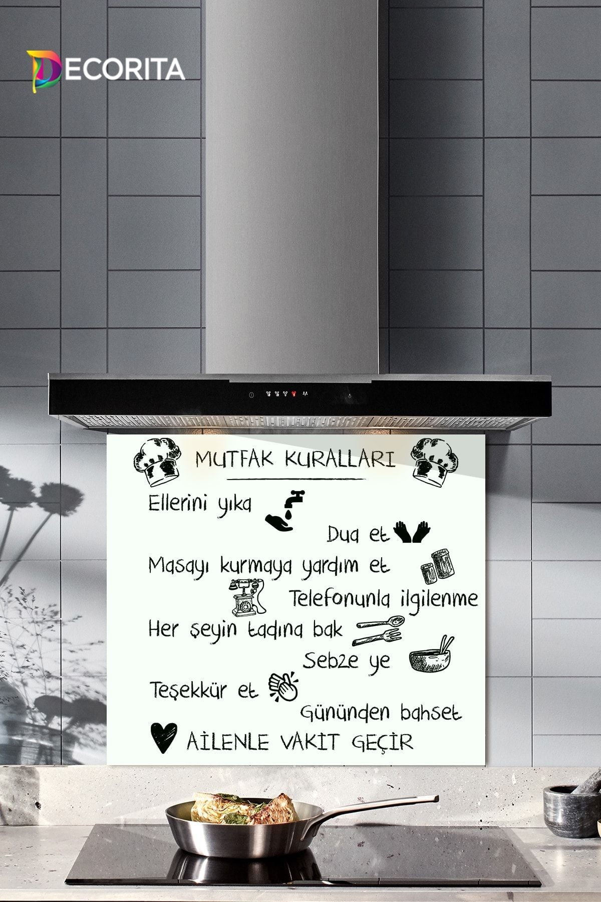 Cam Ocak Arkası Koruyucu | Beyaz Mutfak Kuralları | 52cm X 60cm