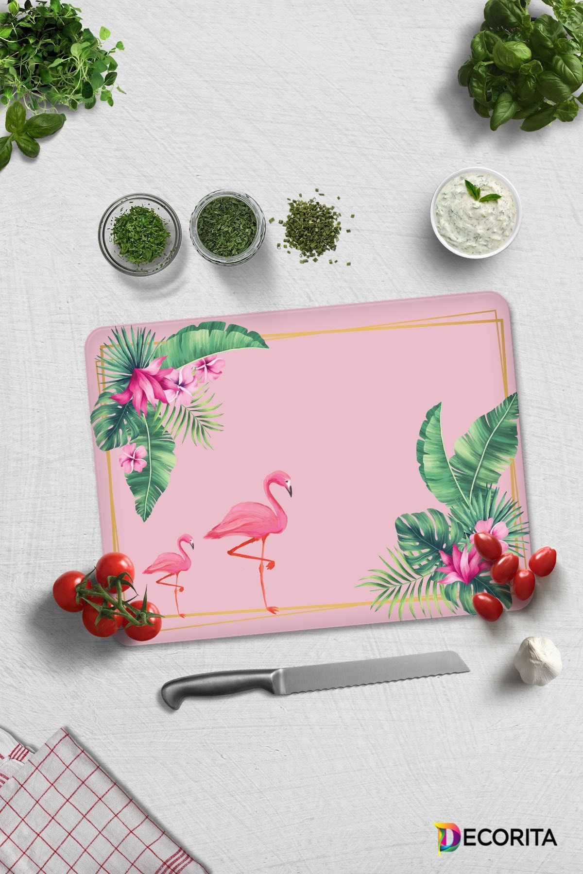 Tropik Yapraklar & Flamingo | Cam Kesme Tahtası - Cam Kesme Tablası | 30cm X 40cm