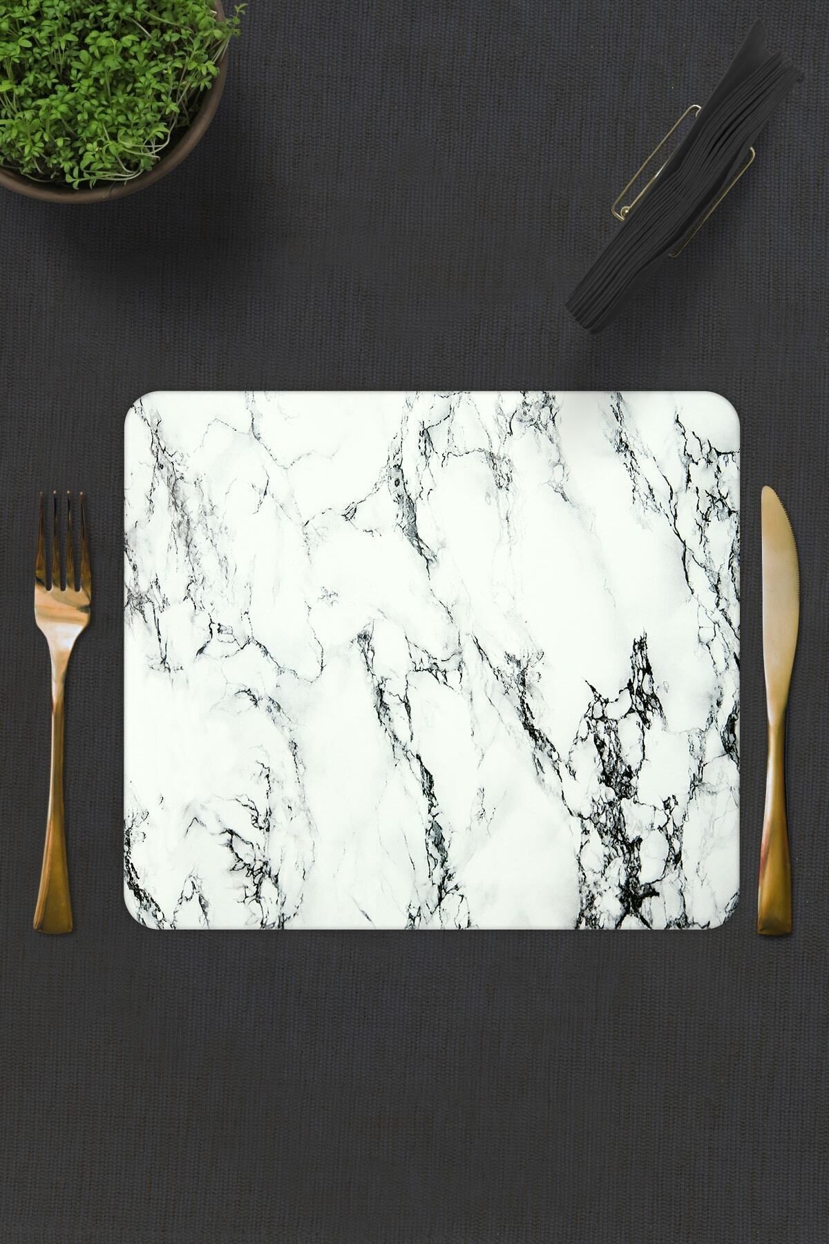 2'li Takım | Cam Tabak - Kahvaltı Tabağı - Pasta Tabağı | Beyaz Mermer Görünümlü | 29cm X 34cm
