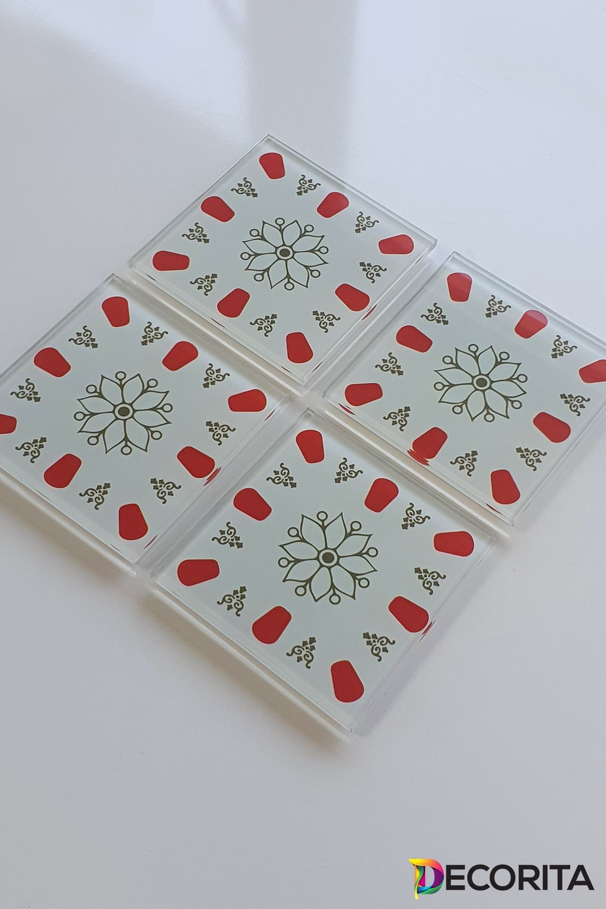 Cam Bardak Altlığı | Acem Kahveci - Kırmızı | 4'lü Takım | 10cm X 10cm