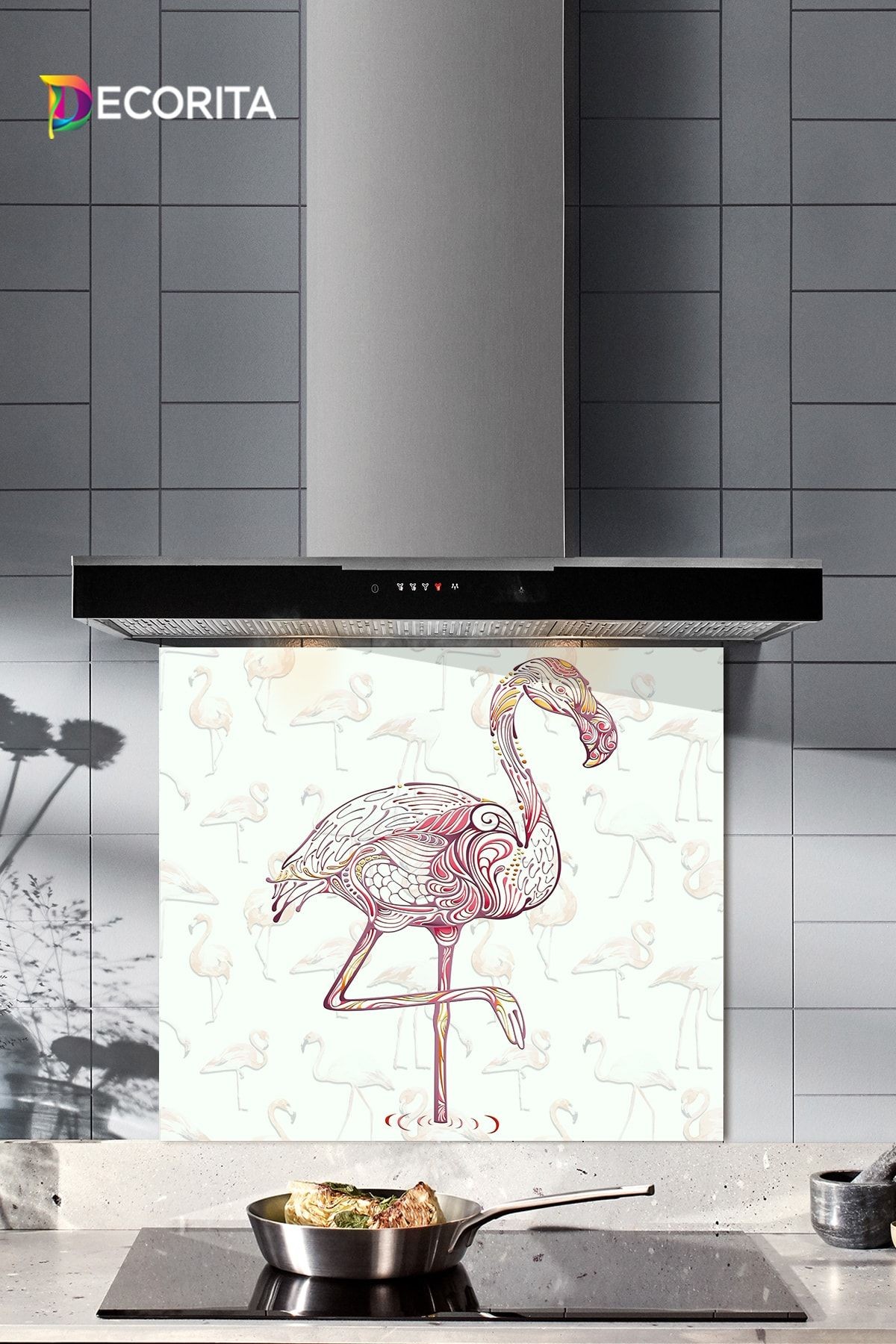 Cam Ocak Arkası Koruyucu | Flamingo Desen | 49,5cm X 76cm