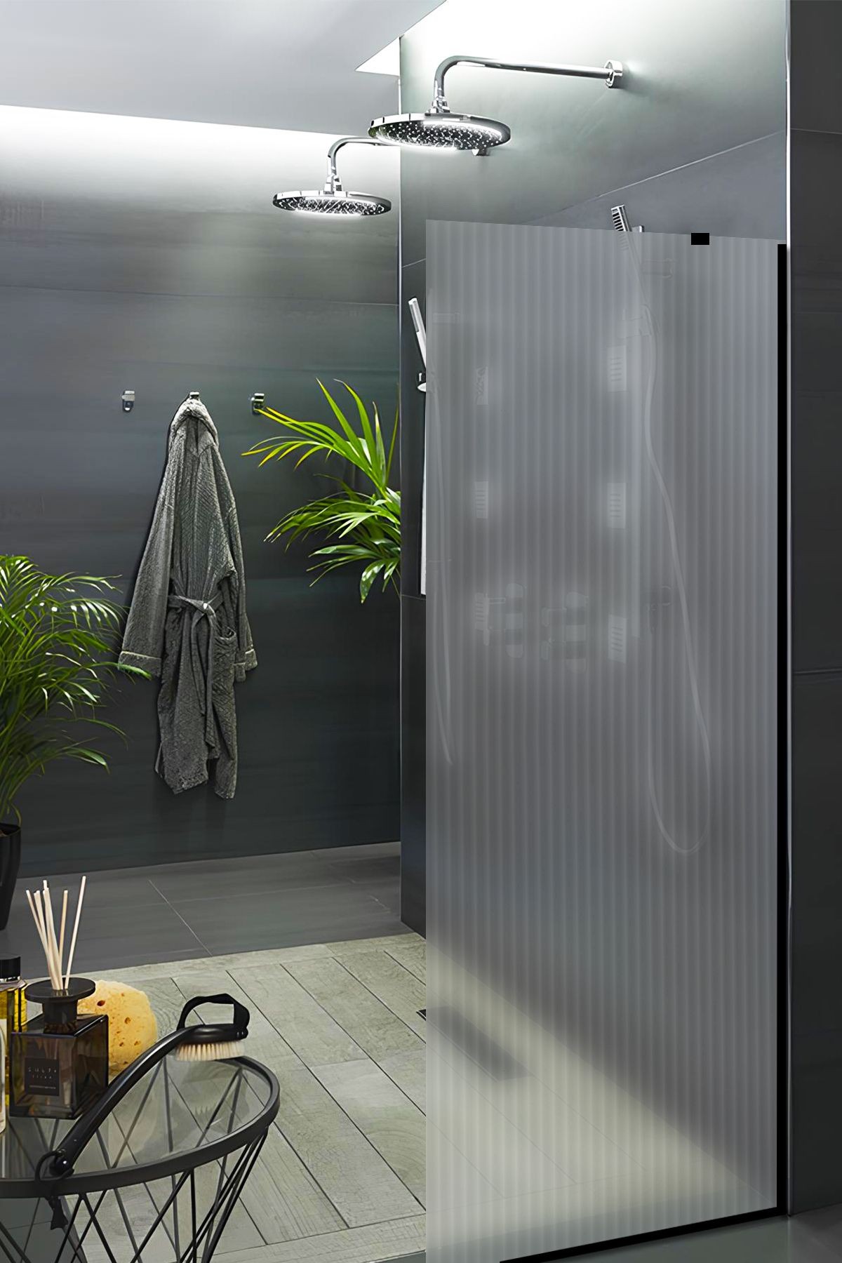 Cam Duşakabin Seperatör - Sabit Panel | Nervürlü Cam | Siyah Profil | 70cm x 190cm