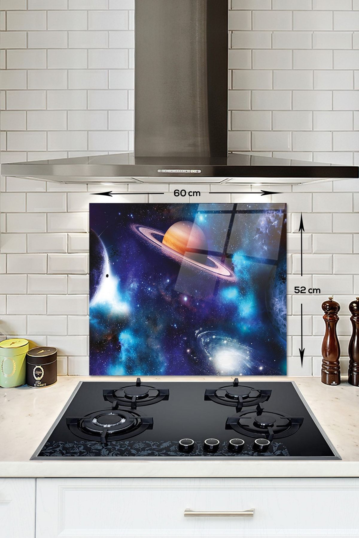 Cam Ocak Arkası Koruyucu | Galaksi Desen - Renkli | 52cm X 60cm