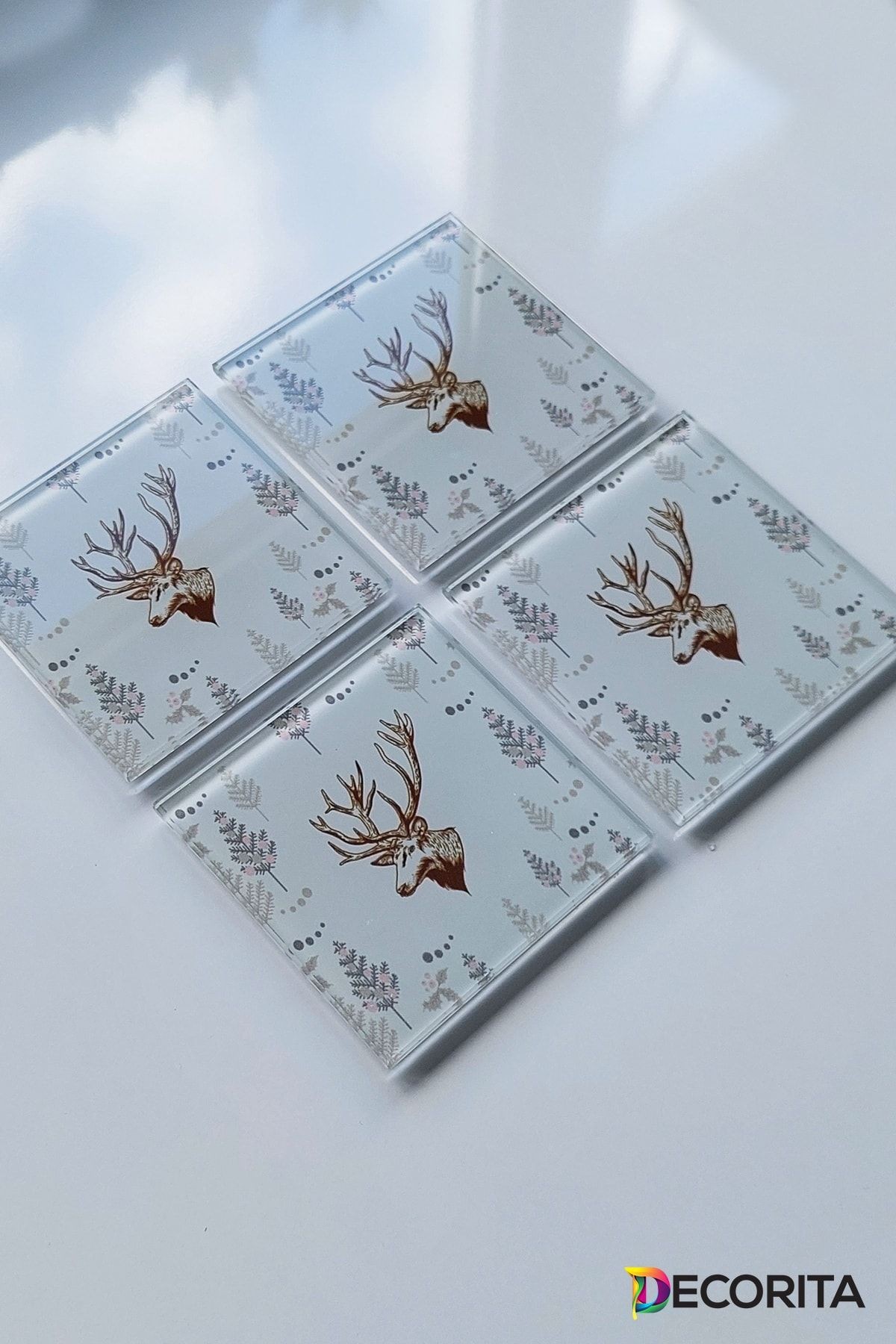 Cam Bardak Altlığı | 4'lü Takım Cervus Deer | 10cm X 10cm
