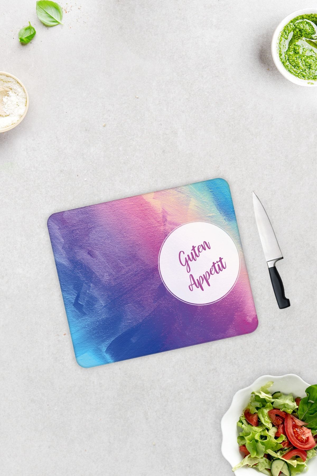 Guten Appetit | Renkli Tuval | Cam Kesme Tahtası - Cam Kesme Tablası | 29cm X 34cm