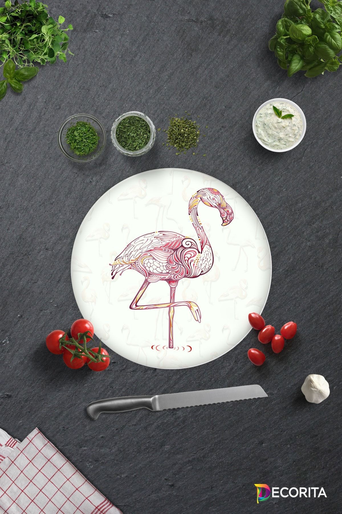 Flamingo Desen | Cam Kesme Tahtası - Cam Kesme Tablası | Daire Çap 32cm