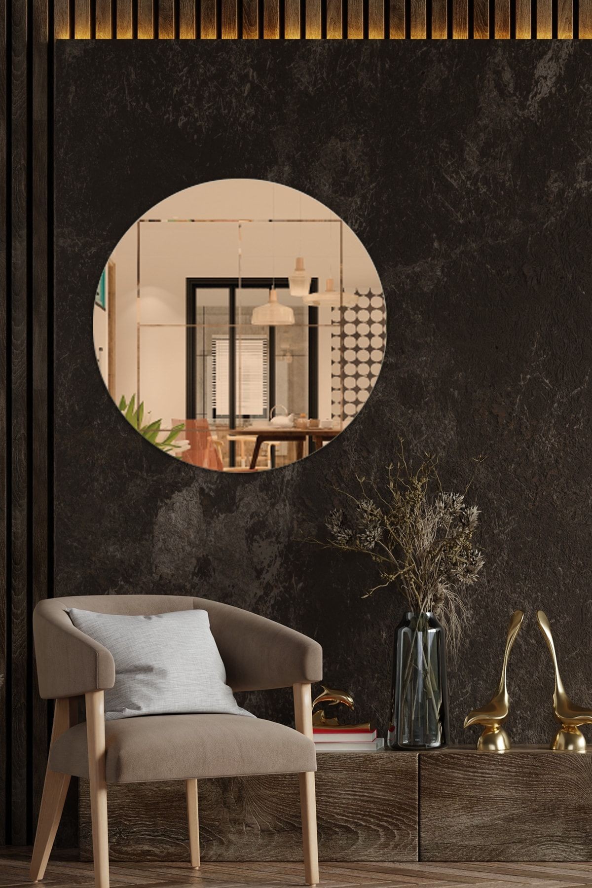 Ayna | Bronz Ayna | Kare Kanallı | Çap60cm