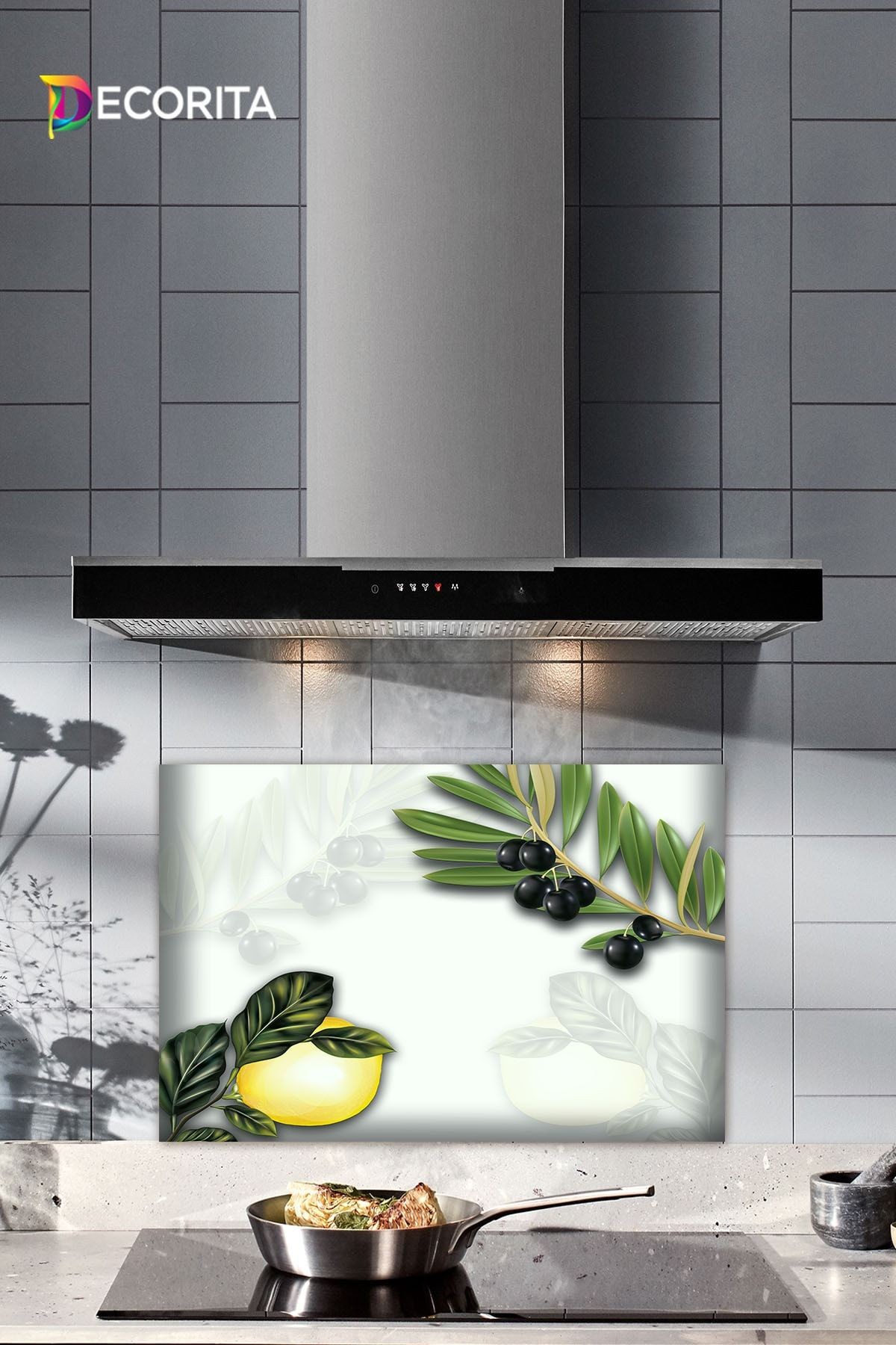 Cam Ocak Arkası Koruyucu | Zeytin Ve Limon Desen | 40cm X 60cm