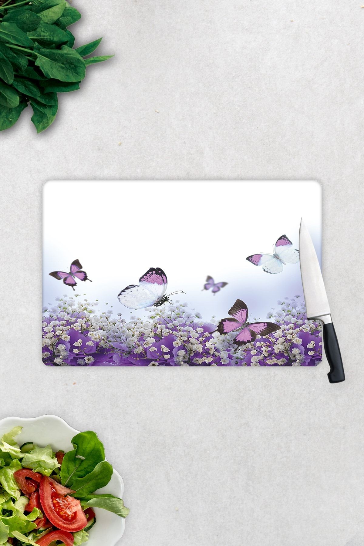 Mor Çiçek Ve Kelebekler | Cam Kesme Tahtası - Cam Kesme Tablası | 20cm X 30cm
