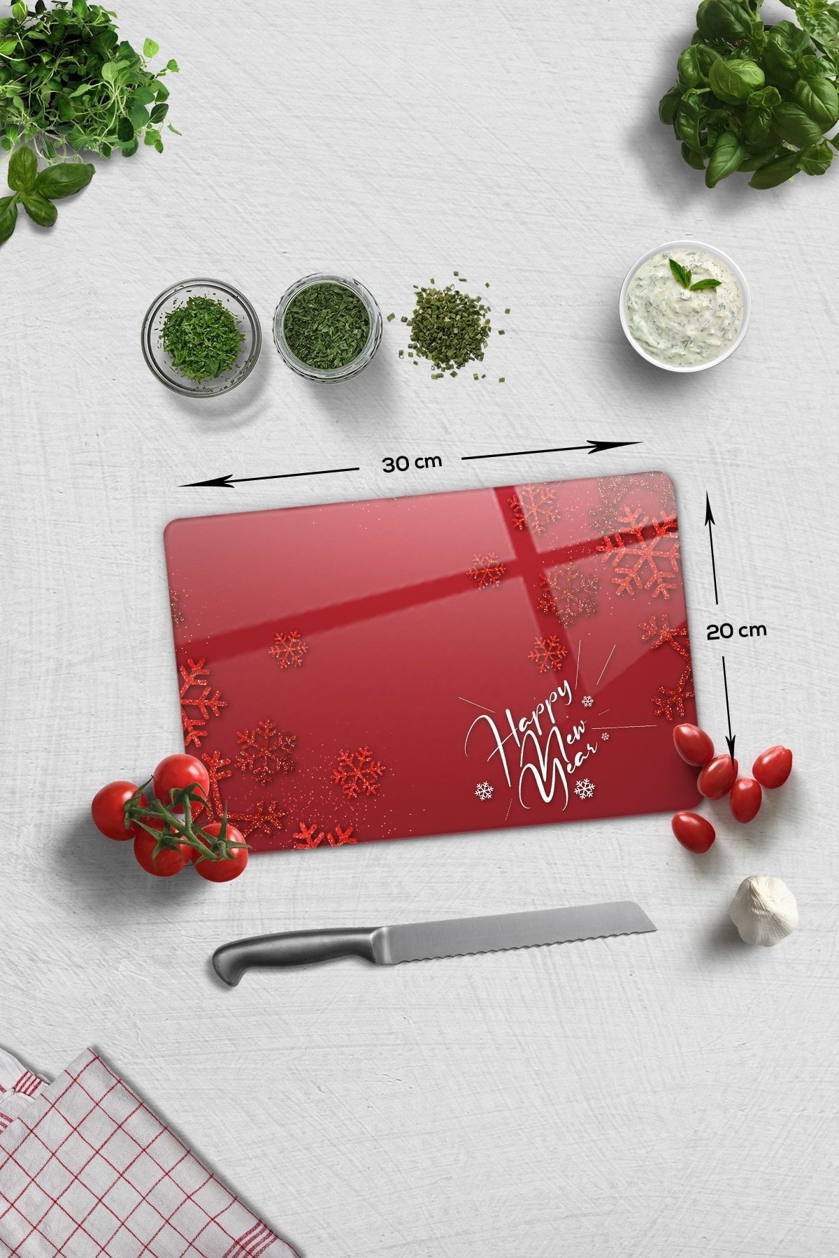 Cam Kesme Tahtası - Cam Kesme Tablası | Happy New Year Kırmızı | 20cm X 30cm