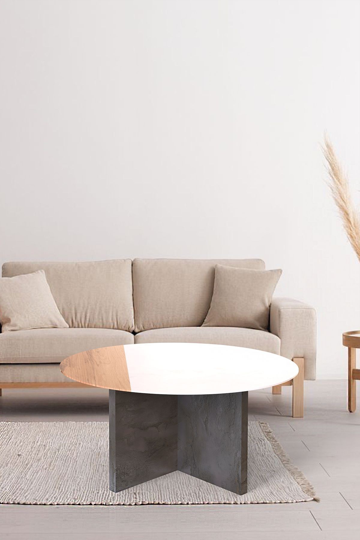 Cam Orta Sehpa | Modern Sehpa | Atlas - Taş Desen Kaplama | Kenarı Ahşap Desenli | Çap90cm