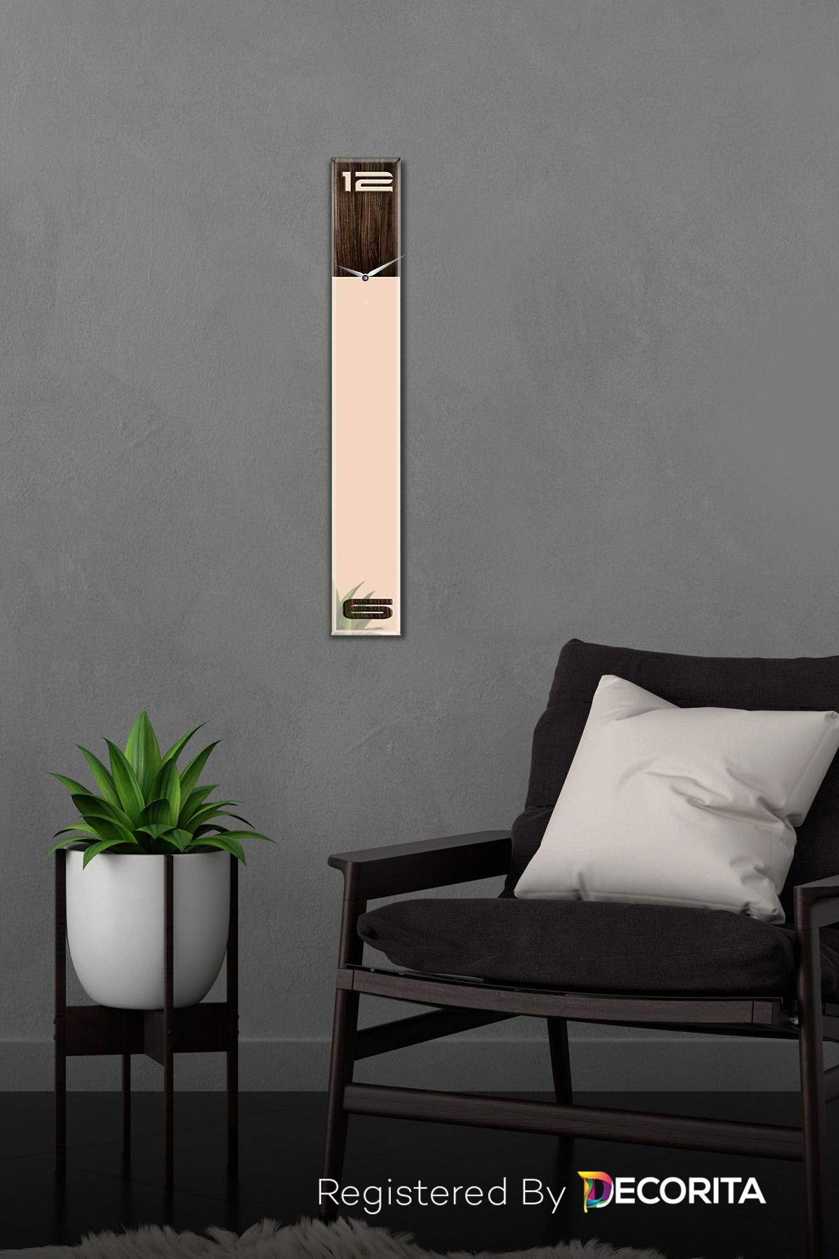 Cam Duvar Saati | Fütüristik Cam Saat | Ahşap Krem Fon | 10cm x 70cm