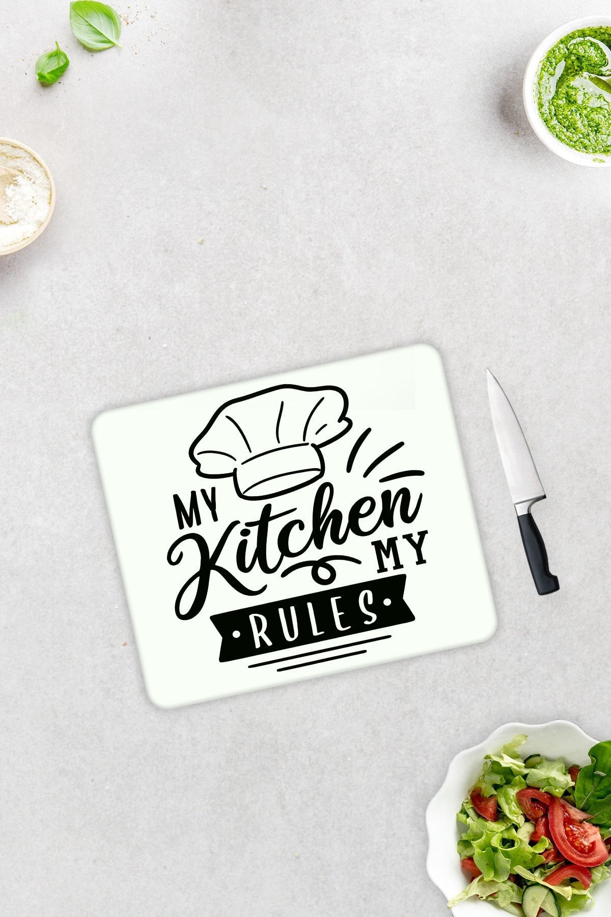 My Kitchen My Rules | Cam Kesme Tahtası - Cam Kesme Tablası | Beyaz Fon | 29cm X 34cm