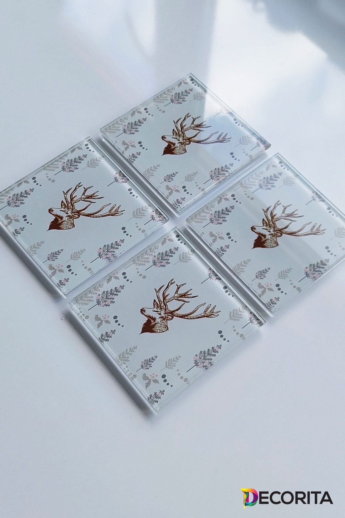 Cam Bardak Altlığı | 4'lü Takım Cervus Deer | 10cm X 10cm