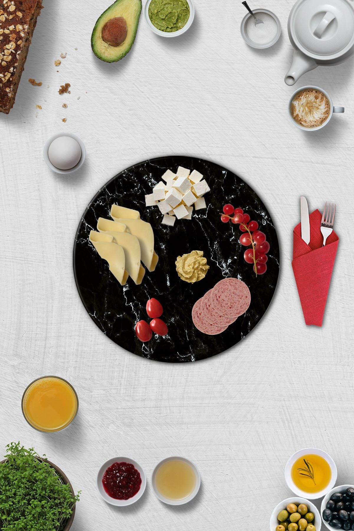 2'li Takım | Cam Tabak - Kahvaltı Tabağı - Pasta Tabağı | Siyah Mermer Görünümlü | Çap32cm