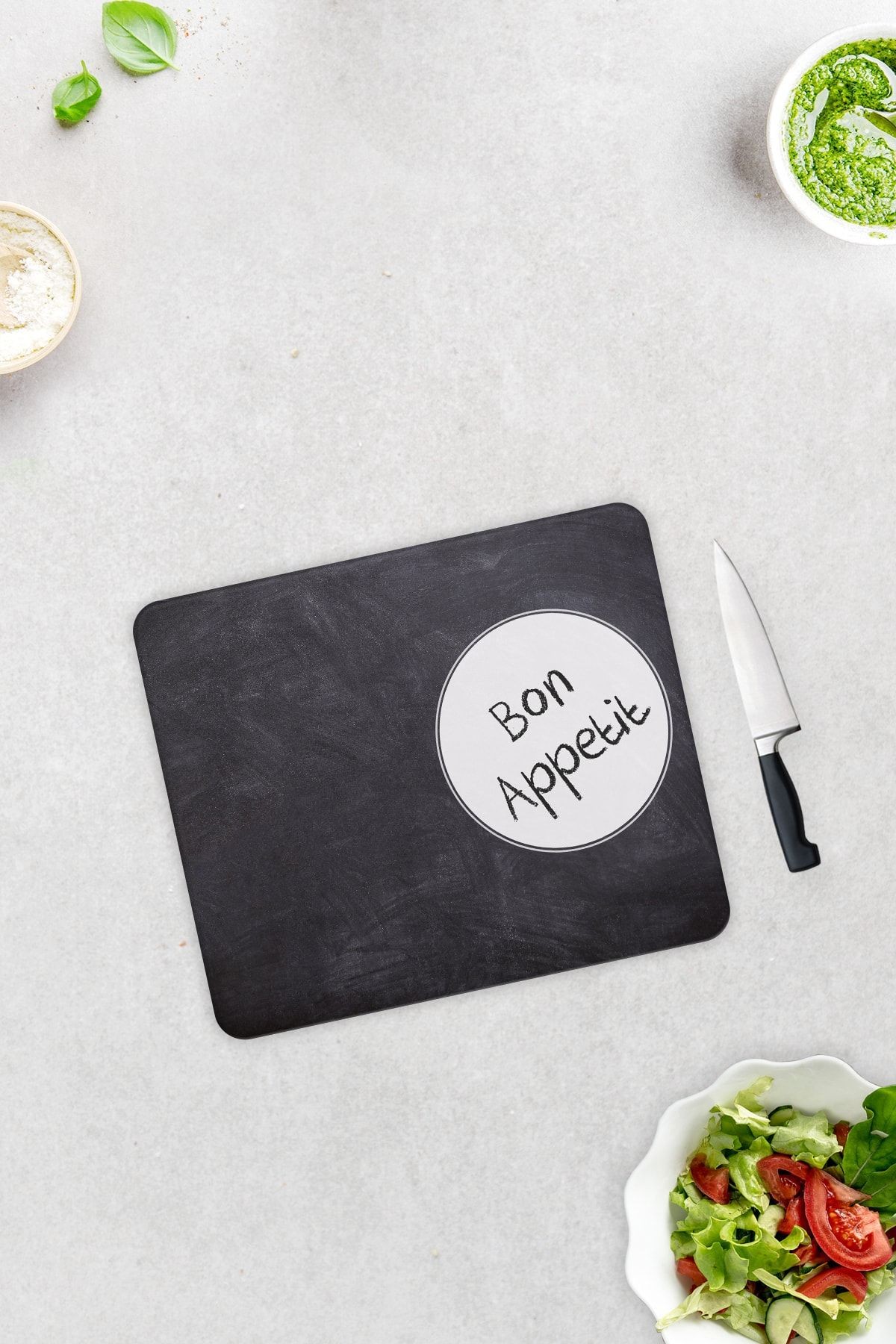 Bon Appetit | Karatahta Görünümlü |Cam Kesme Tahtası -  Cam Kesme Tablası | 29cm x 34cm