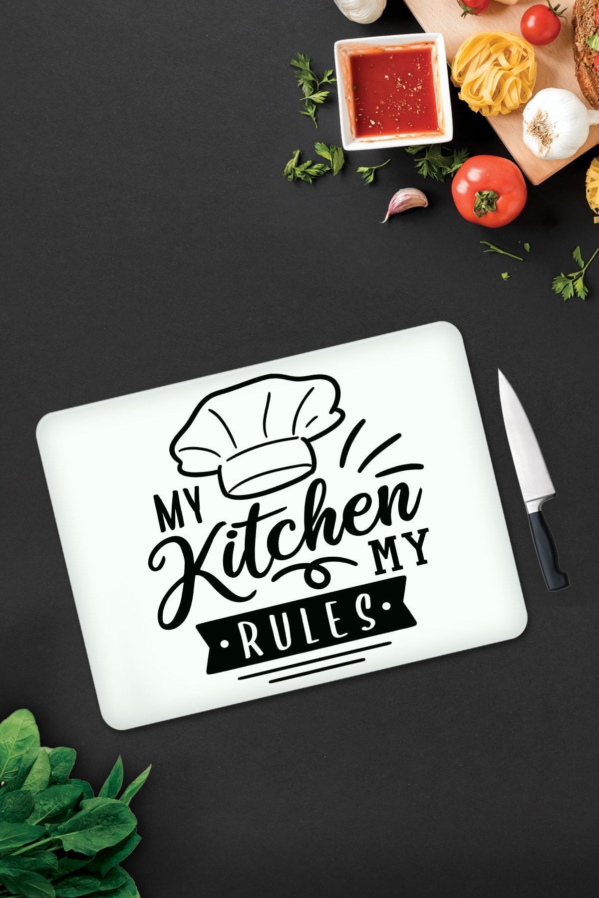 Beyaz Fon My Kitchen My Rules | Cam Kesme Tahtası - Cam Kesme Tablası | 30cm x 40cm