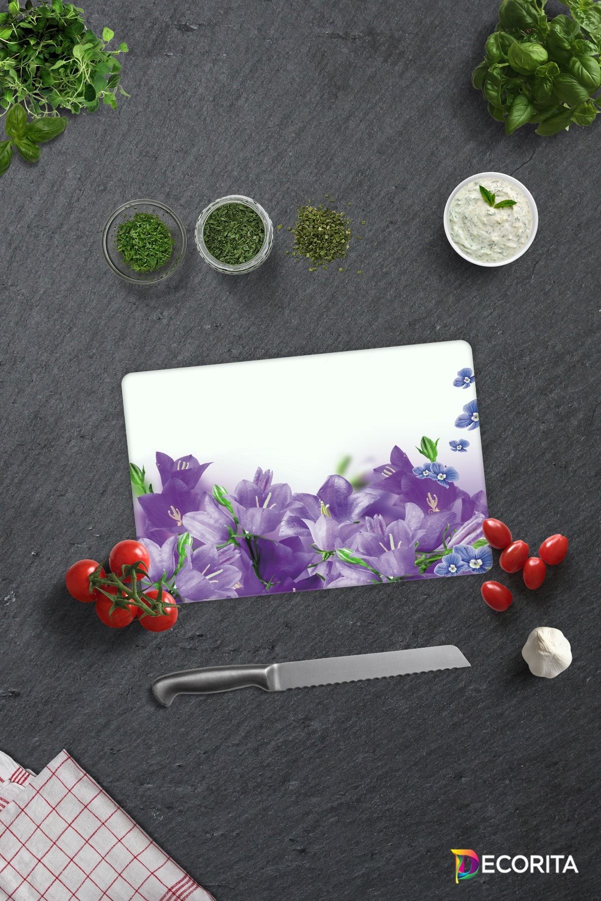 Mor Çiçek Desenli | Cam Kesme Tahtası - Cam Kesme Tablası | 20cm X 30cm