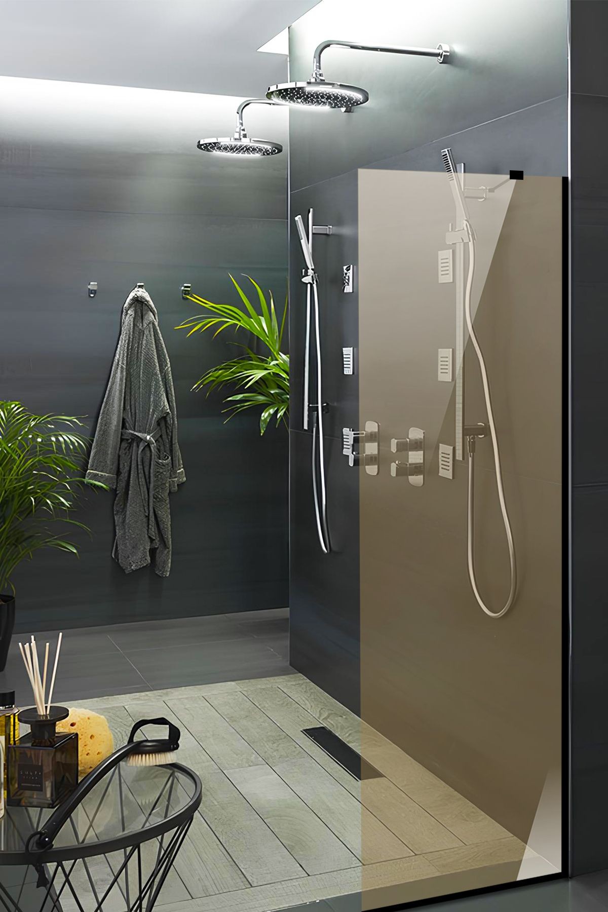 Cam Duşakabin Seperatör - Sabit Panel | Bronz Cam | Siyah Profil | 55cm x 190cm