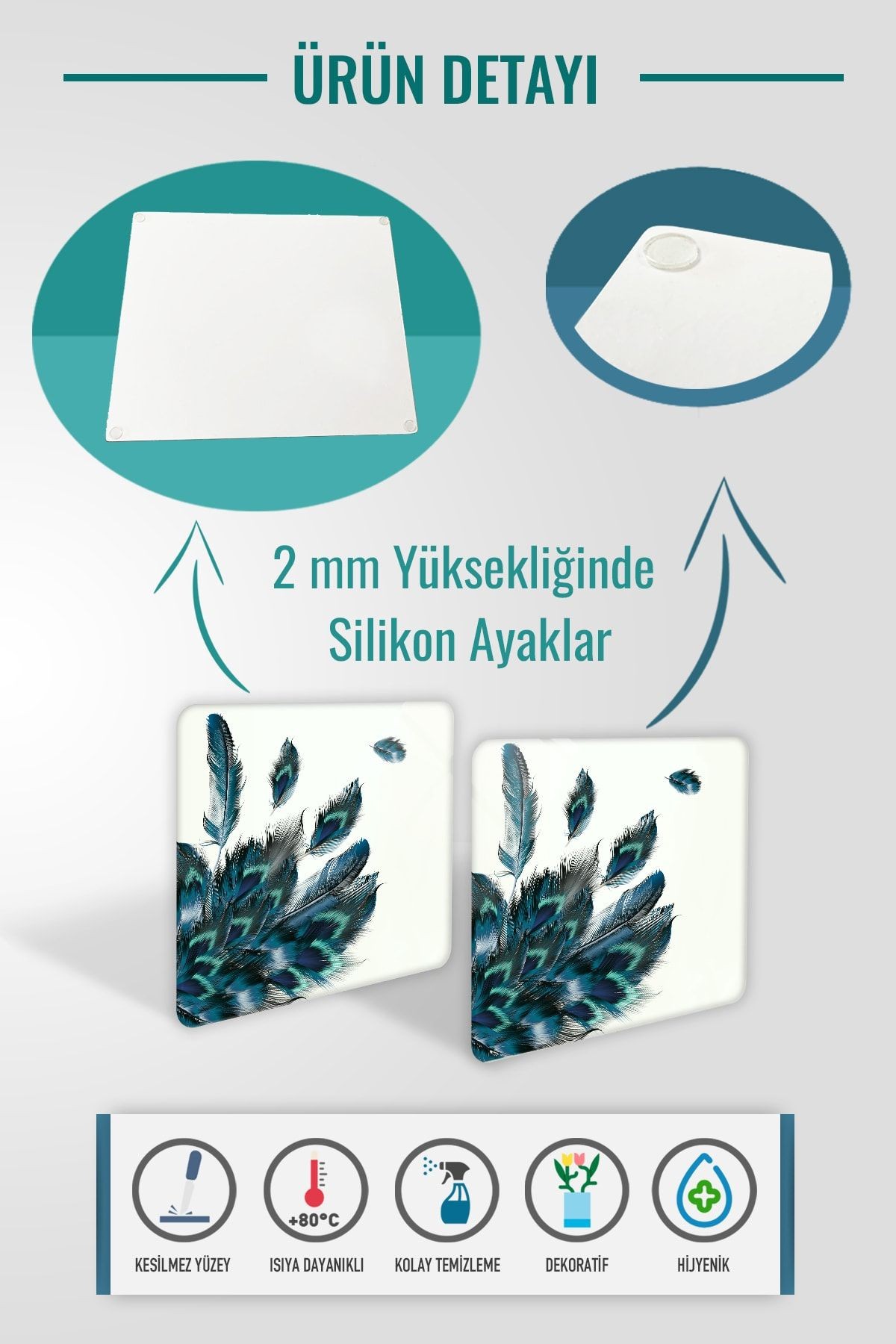 2'li Takım | Cam Tabak - Kahvaltı Tabağı - Pasta Tabağı | Plumas Desen | 29cm X 34cm