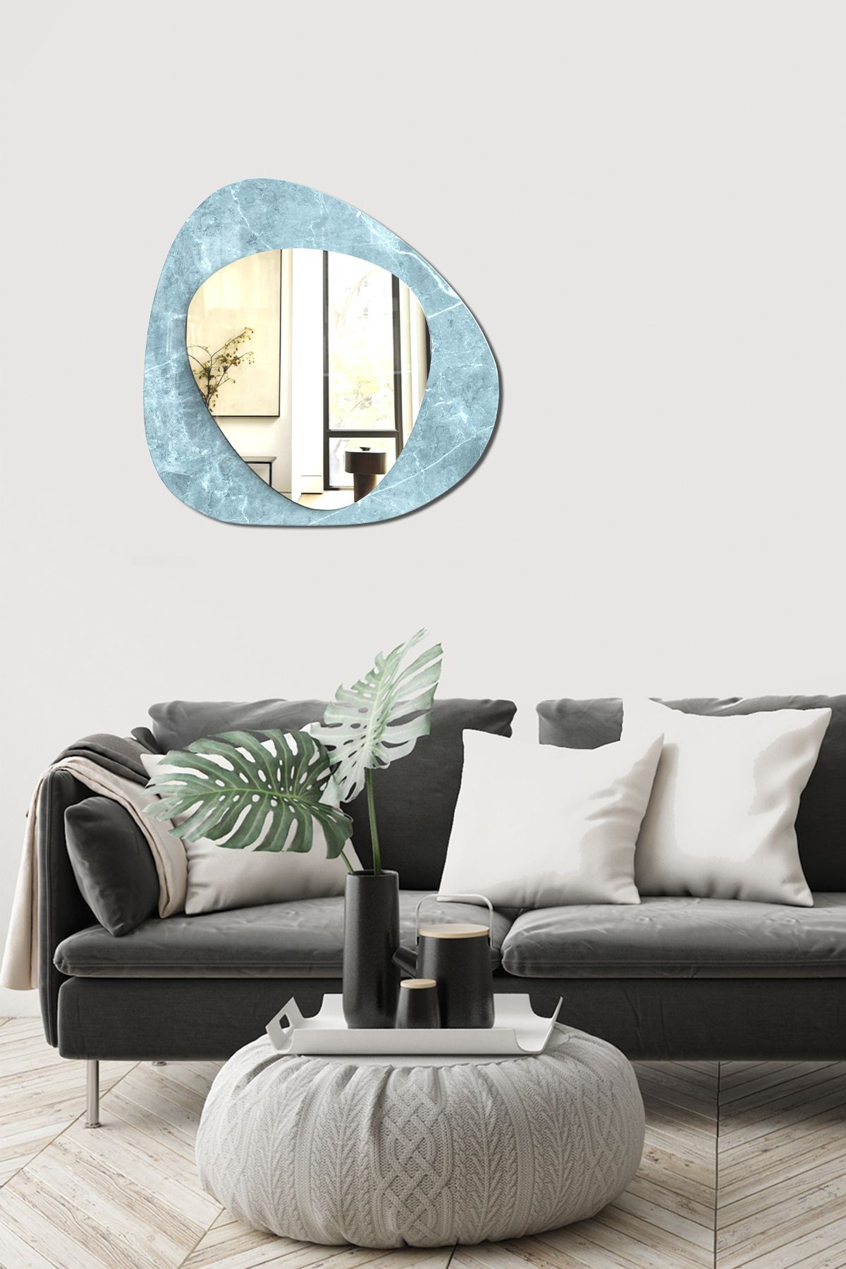 Dekor Camı ve Ayna | Zen Ayna ve Gri Mermer Görünümlü| 2'li Takım | 70cm x 70cm