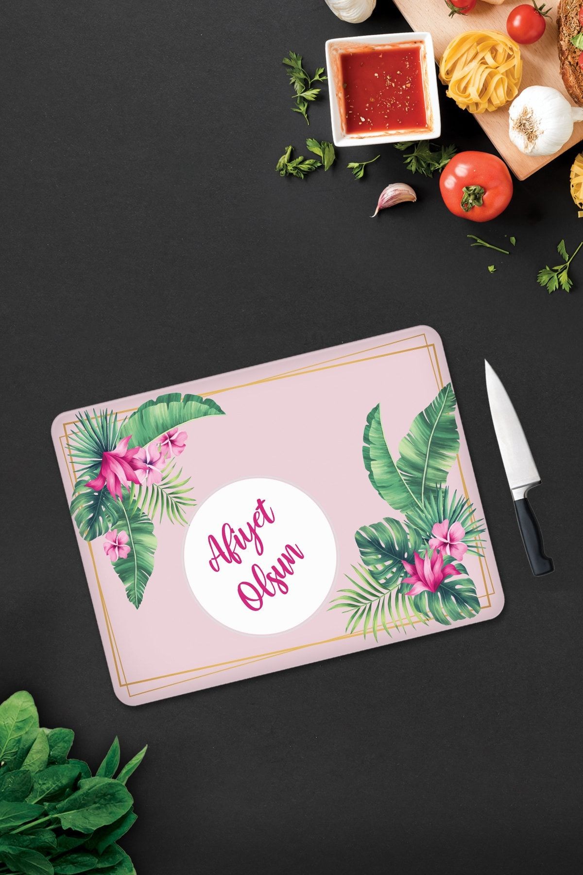 Bon Appetit | Tropik Flamingo | Cam Kesme Tahtası - Cam Kesme Tablası | 30cm X 40cm