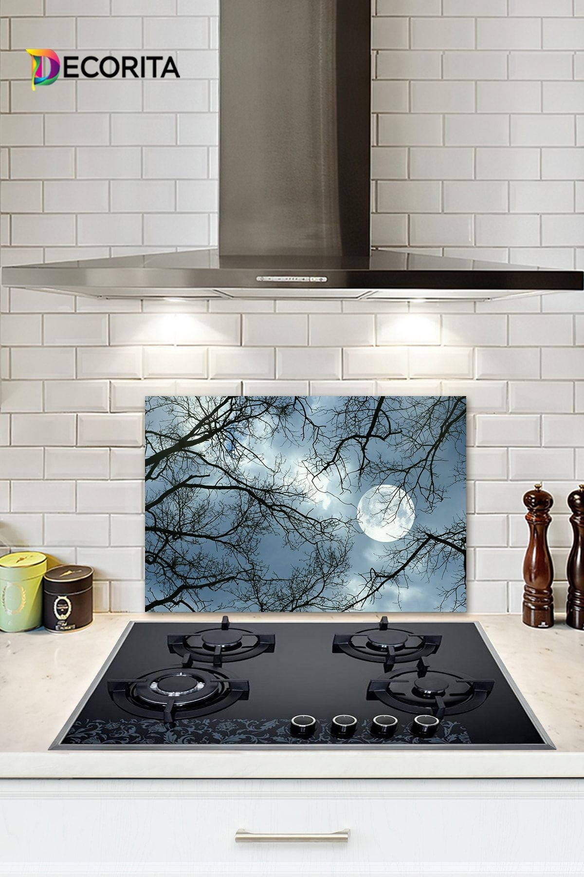 Cam Ocak Arkası Koruyucu | Gece Desen | 40cm X 60cm