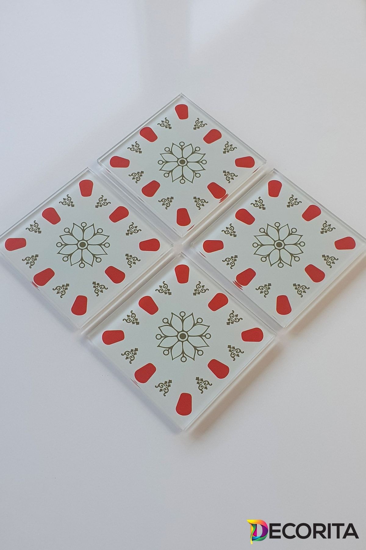 Cam Bardak Altlığı | Acem Kahveci - Kırmızı | 4'lü Takım | 10cm X 10cm