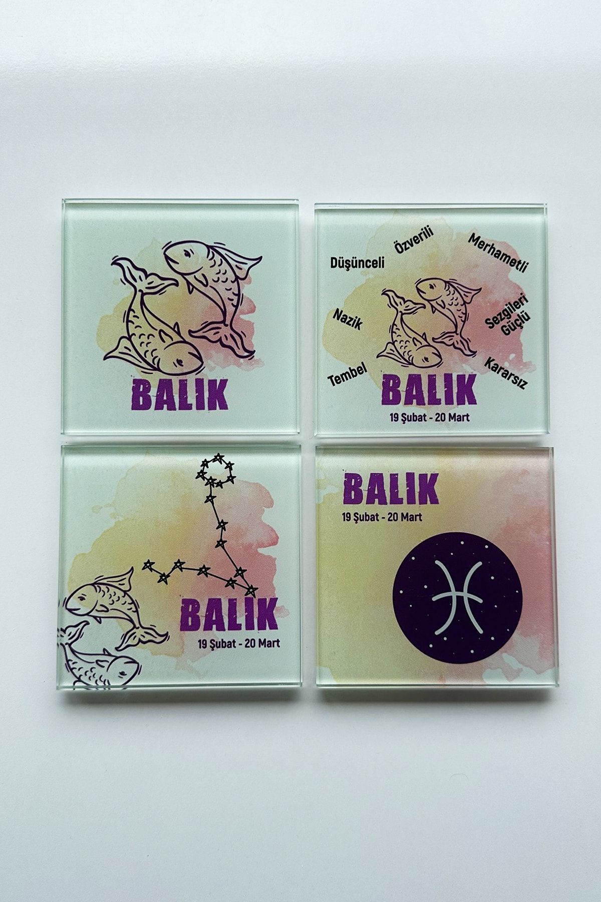 Cam Bardak Altlığı | Burçlar - Balık Burcu | 4'lü Takım | 10cm X 10cm