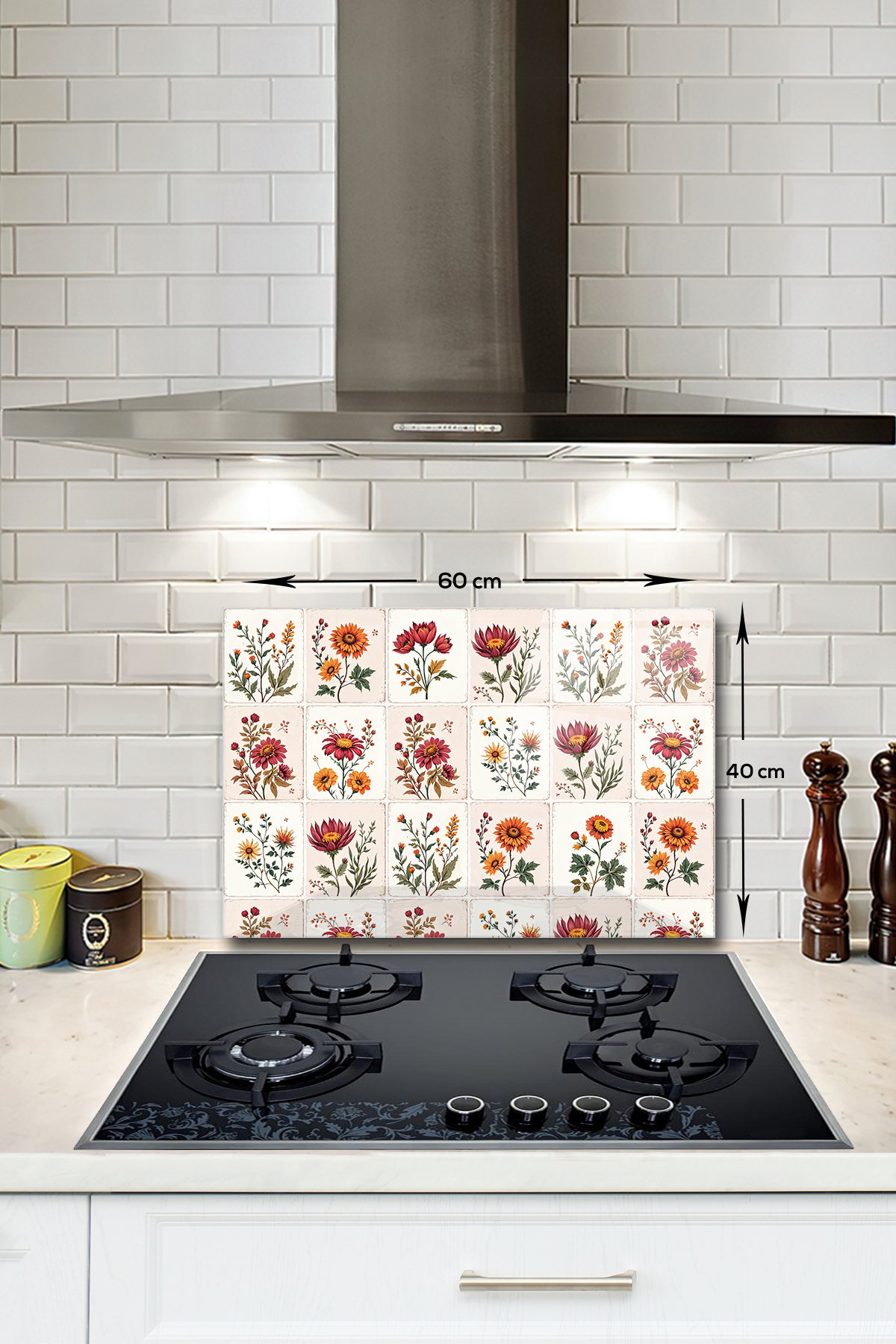 Decorita Cam Ocak Arkası Koruyucu | Çiçekli Karo Desen