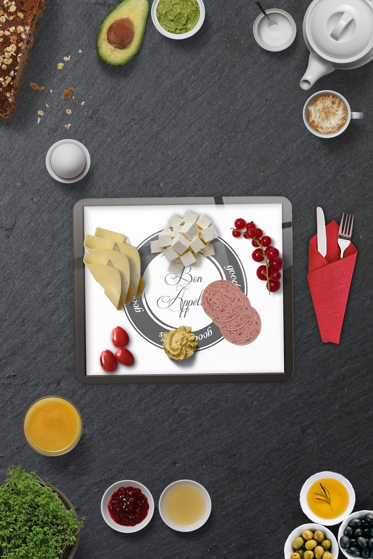 2'li Takım | Cam Tabak - Kahvaltı Tabağı - Pasta Tabağı | Good Food - Beyaz Fon | 29cm X 34cm
