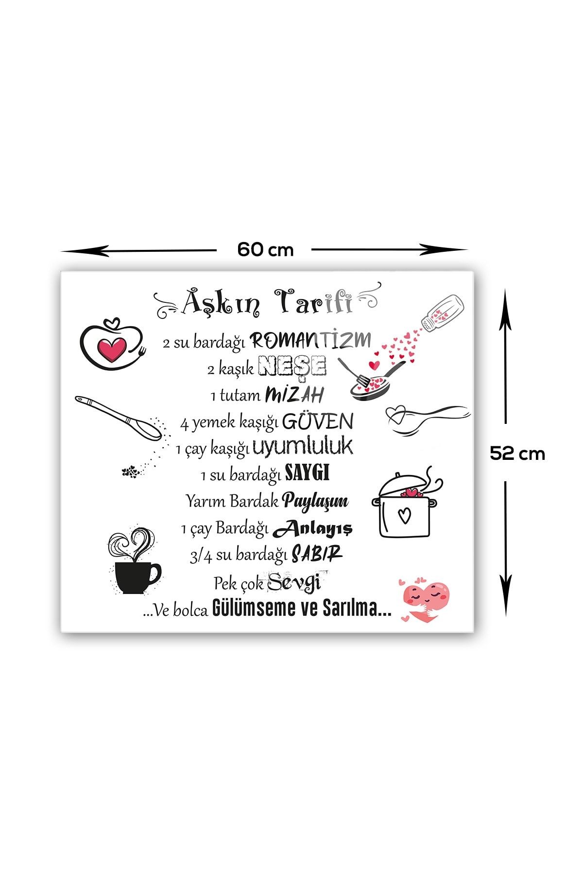 Cam Ocak Arkası Koruyucu | Aşkın Tarifi | Beyaz Fon | 52cm X 60cm