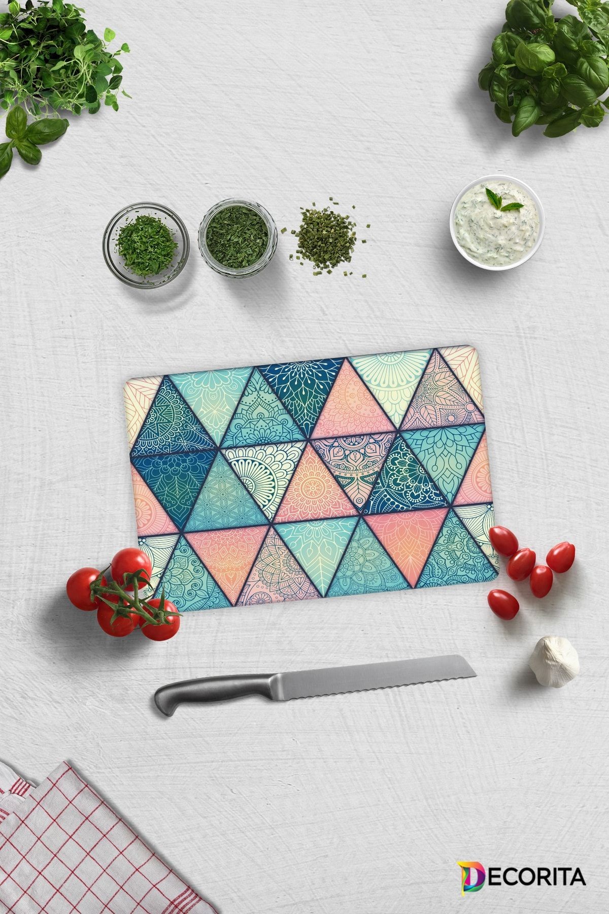 Renkli Mandala Desenli | Cam Kesme Tahtası - Cam Kesme Tablası | 20 cm x 30 cm