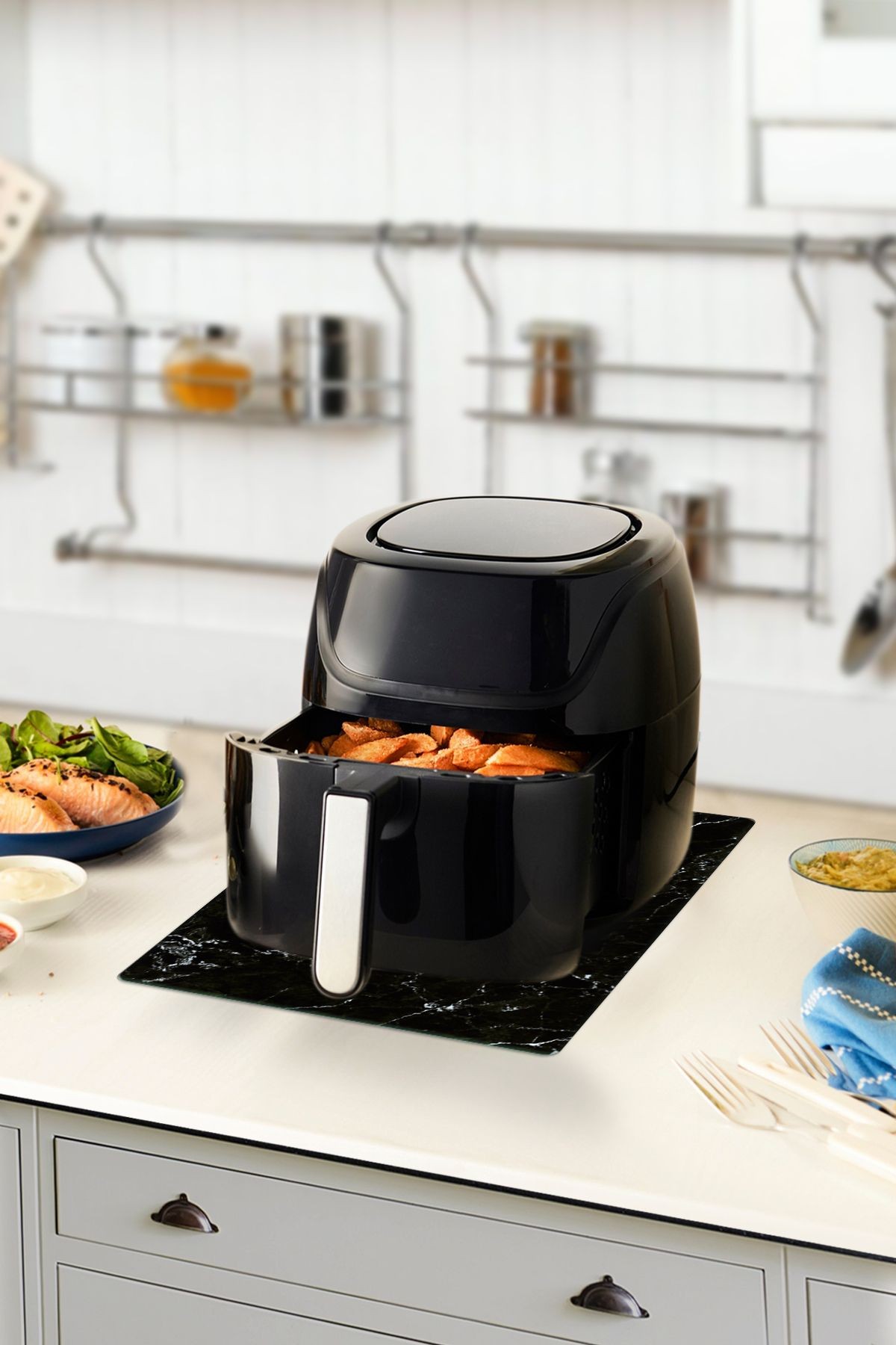 Cam Airfryer Altlığı | Airfryer Altı Isıya Dayanıklı Cam Stand | Siyah Mermer | 30cm x 40cm