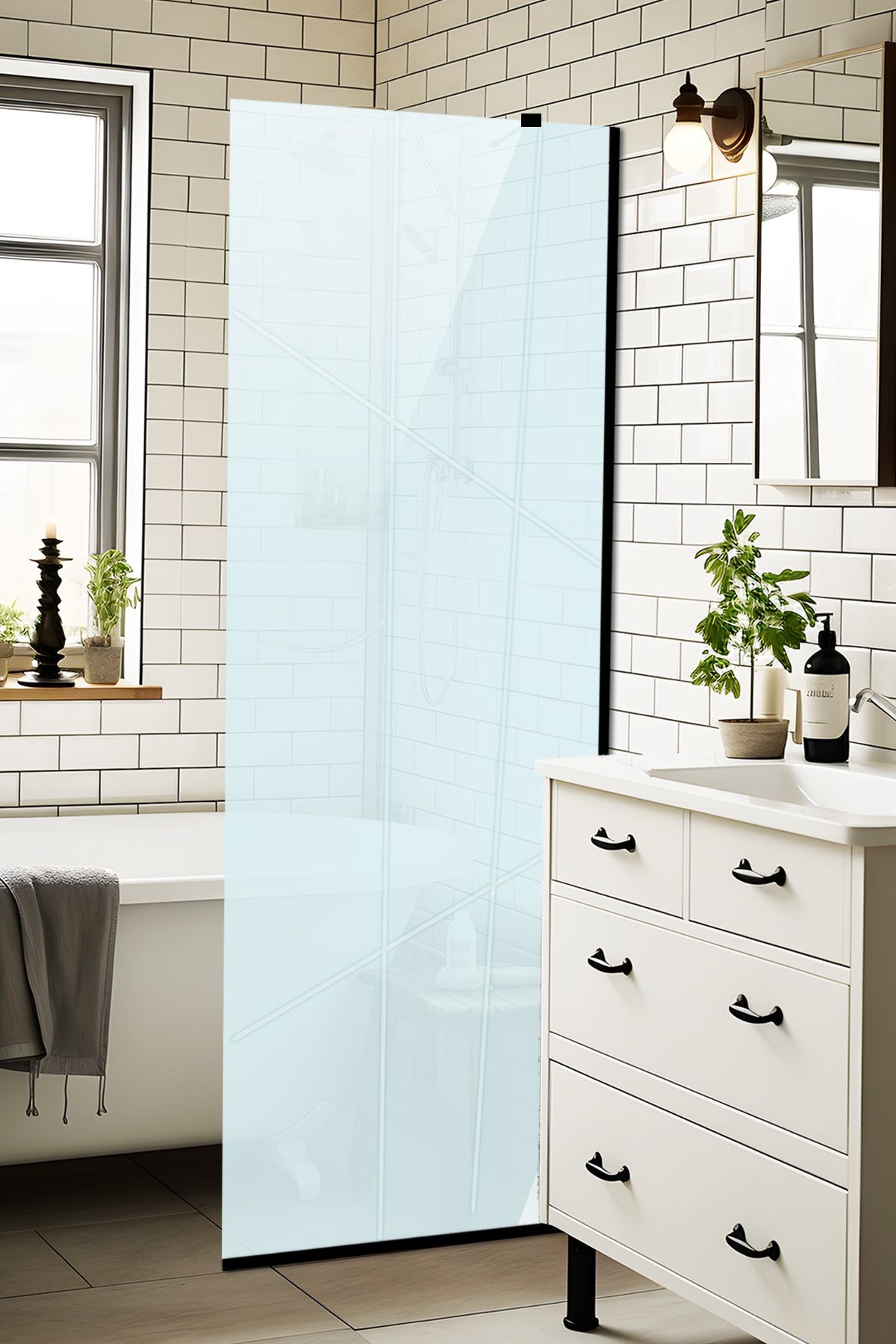Cam Duşakabin Seperatör - Sabit Panel | Satina Cam - Kanallı | Siyah Profil | 70cm x 190cm